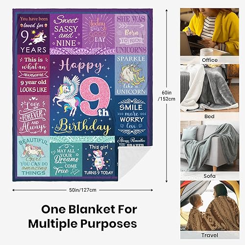 Miniatura 7 de Solzien Manta de regalo de cumpleaños para niña de 9 años, 60 x 50 pulgadas, regalos para niñas de 9 años, decoraciones de cumpleaños número 9