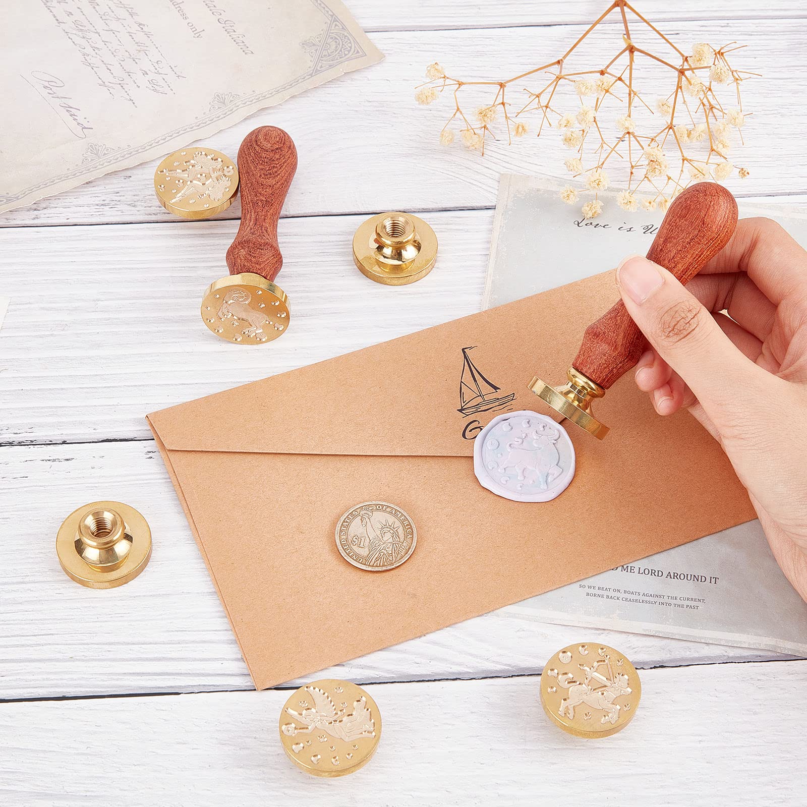 CRASPIRE Wachssiegel-Stempel-Set mit Sternbildern, Tarot, magische Siegelstempel-Köpfe mit 2 Holzgriffen für Hochzeitseinladungen, Umschläge, Geburtstagsgeschenkkarten, Scrapbooking, 12 Stück