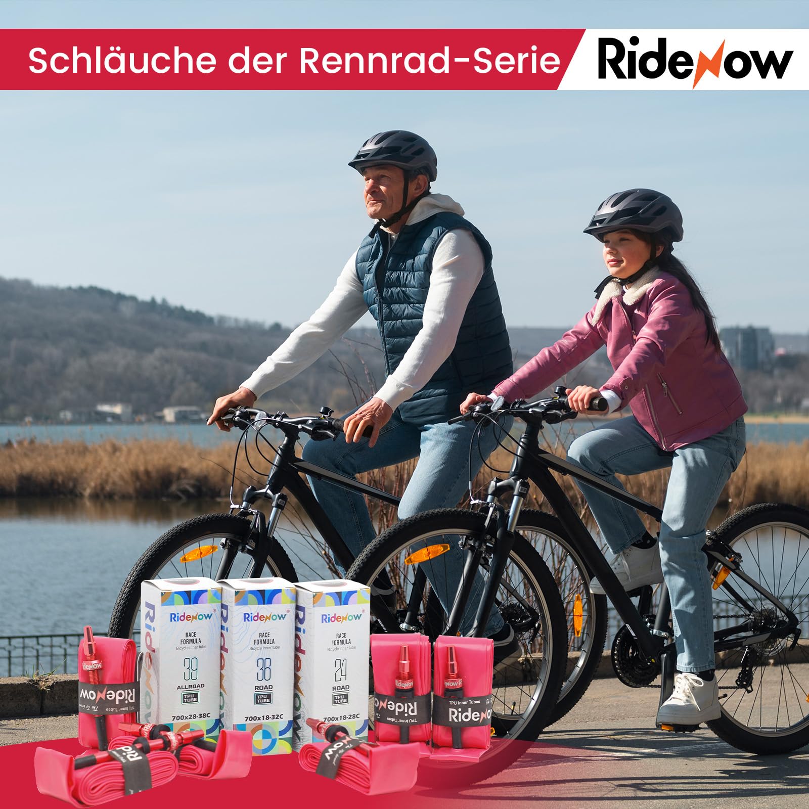 RideNow TPU Schlauch Rennrad Kompatibel mit 700x18-28C, 700x18-32C, 700x28-38C, 2 Pack 700C Ultraleichter Fahrradschlauch mit Metall Presta Ventil 45/65/85mm, 24g/36g/39g