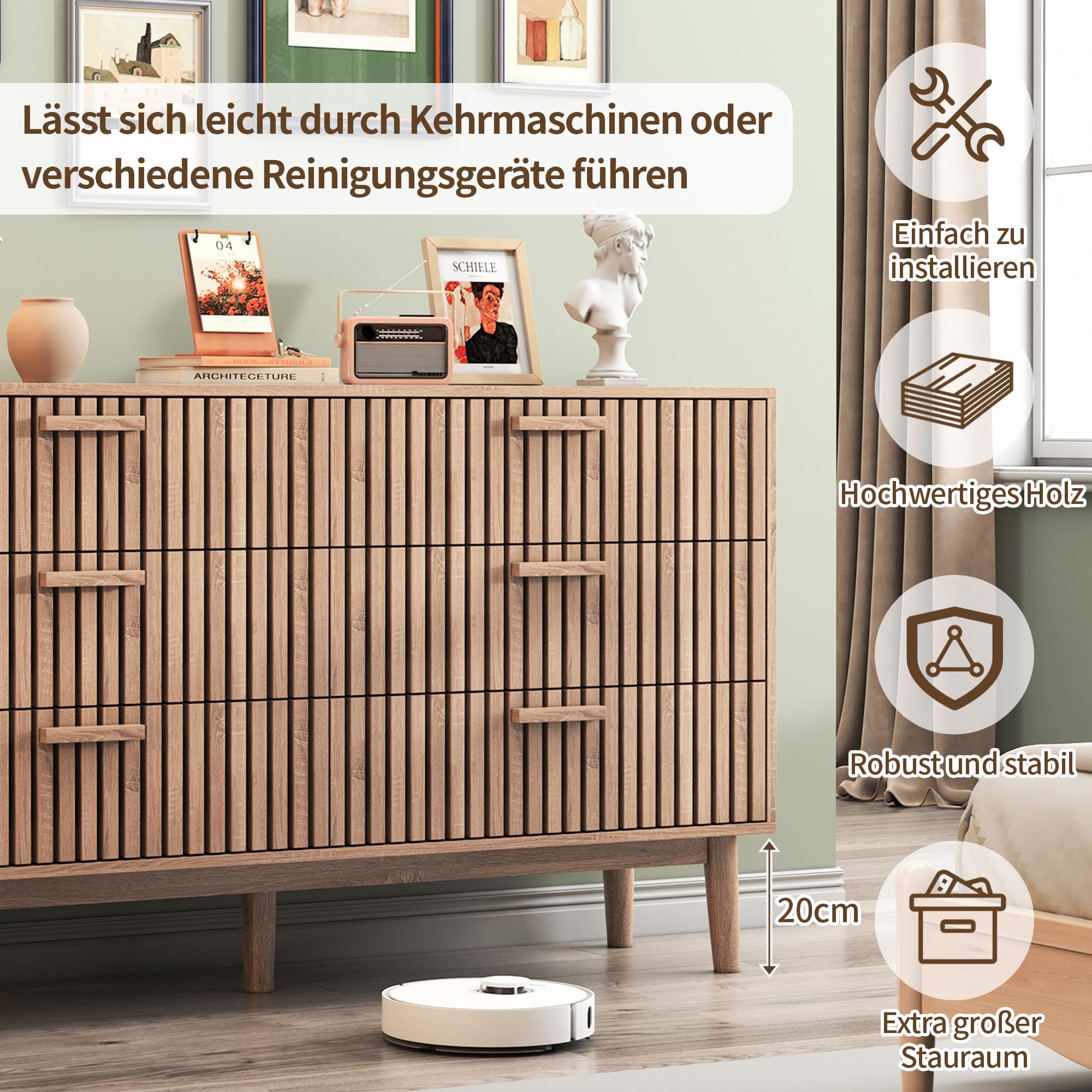 Cómoda con 6 cajones, 100 x 34 x 73 cm, aparador de Madera, Mueble con cajones de Gran Capacidad para salón, Dormitorio, diseño Lineal (Color de Madera Natural, Seis cajones)