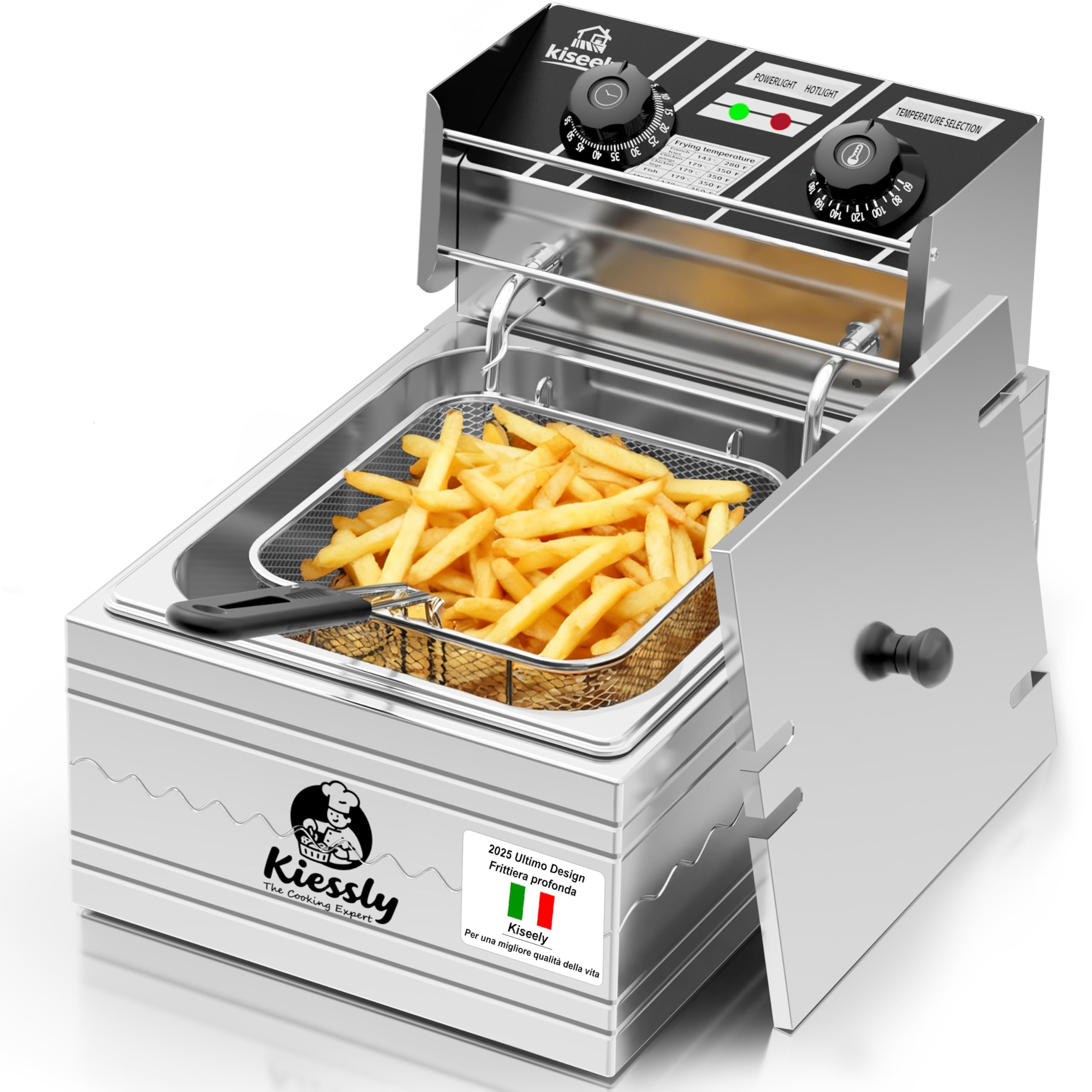 Friggitrice elettrica da 20 litri, friggitrice commerciale da 3500W con cestelli, friggitrice a doppia vasca in acciaio inossidabile con controllo del tempo e della temperatura (Single Fryer 10L IO4)