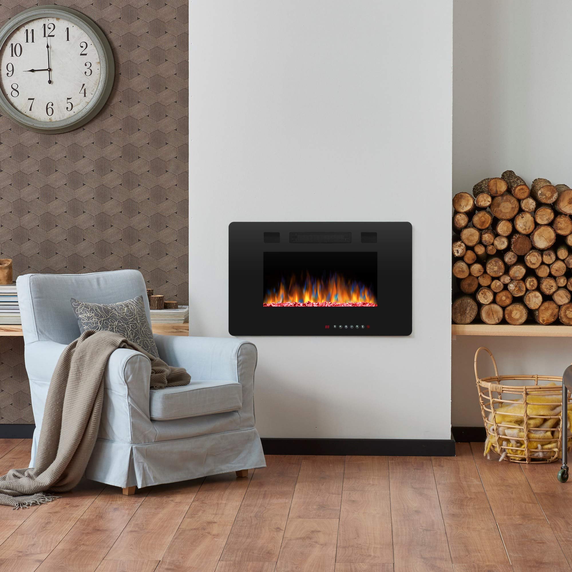 Joy Pebble 30 inch Electric Fireplace Inserts, in-Wall Recessed and Wall Mounted 750/1500W Fireplace Heater, Touch Screen, Remote Control with Timer, Adjustable Flame Color and Speed