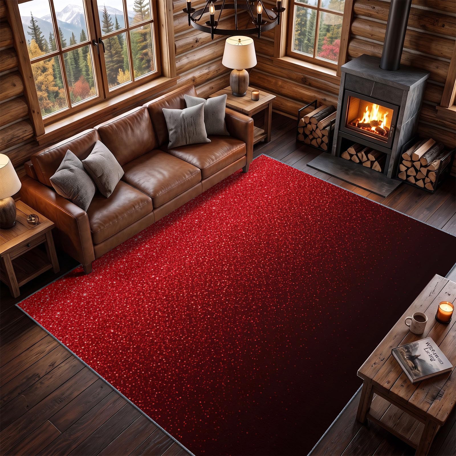Tapis Lavable Orné Dégradé Étincelant Ciel Étoilé 140 x 200 cm, Tapis Doux Poils Ras Antidérapant Rouge Abstrait Modernepour Salon Chambre
