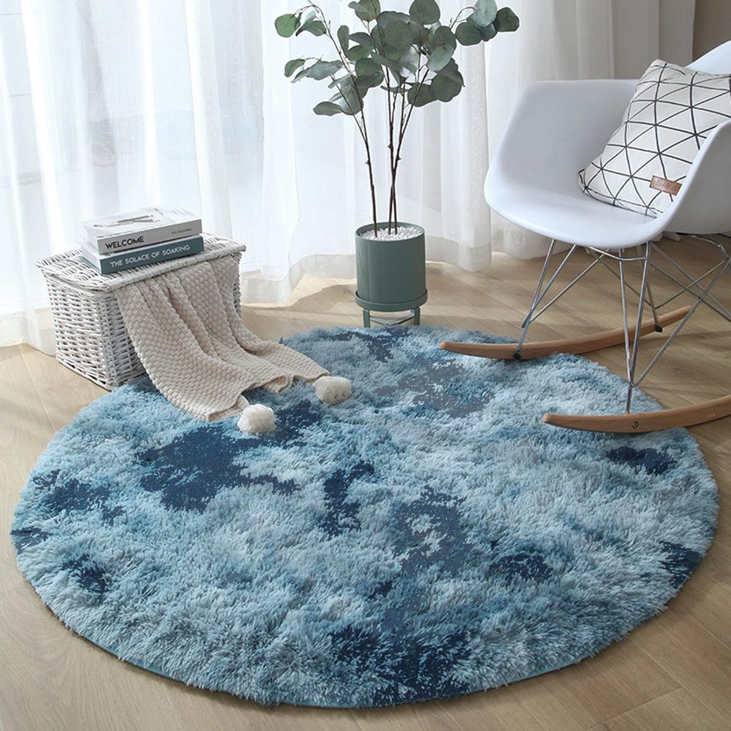 Skade Round Area Rug, Fluffy Rugs for Bedroom, Cute Rugs for Room, Fuzzy Rugs for Nursery Playroom, Circle Rugs for Kids Room, Shag Carpet Rugs for Reading Nook (120 * 120 CM, Dark Blue)