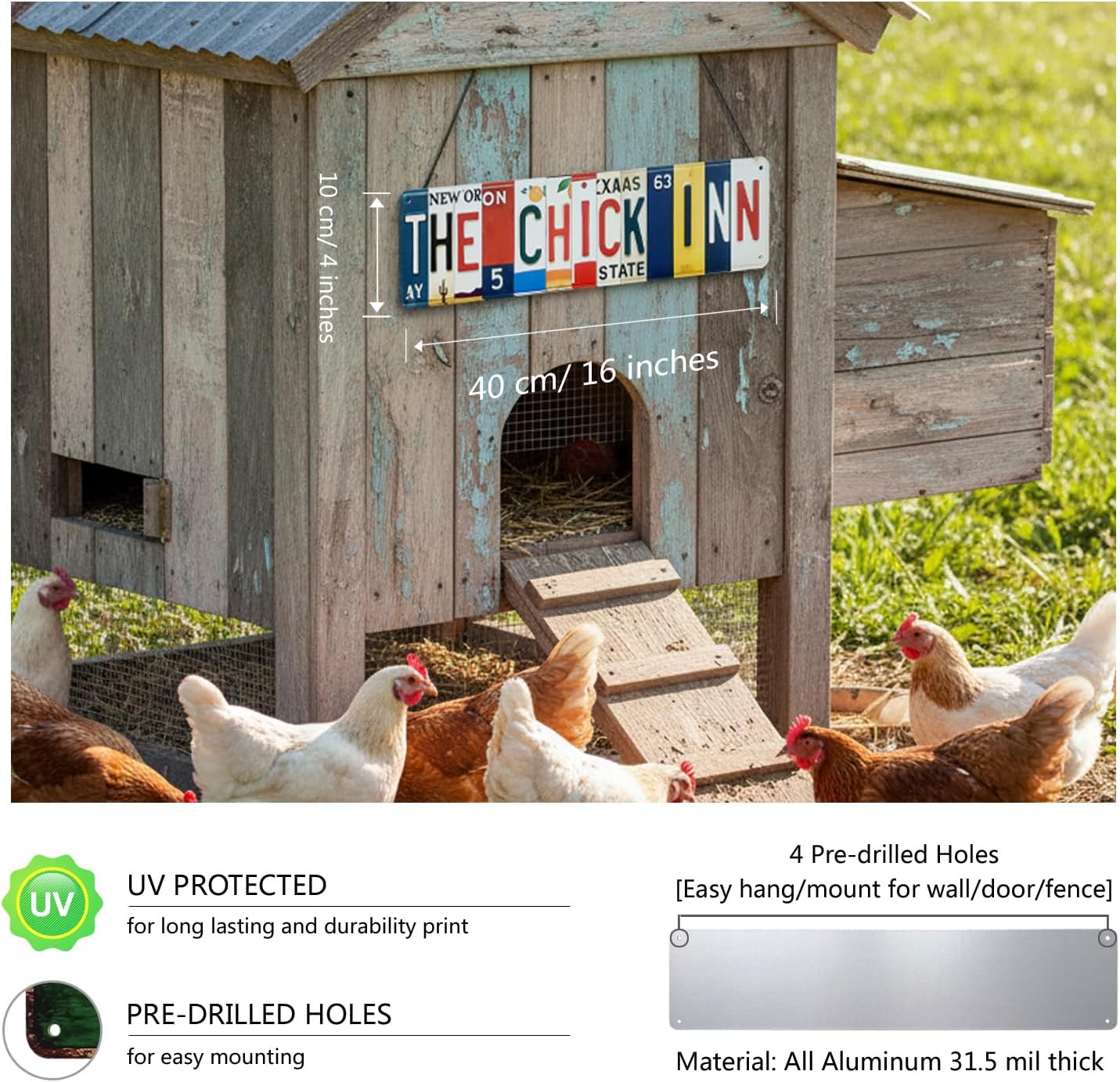 The Chick Inn All-Aluminum Metal Sign – Vintage License Plate Style Wall Decor for Kitchen, Farmhouse, Restaurant, Garden, Chicken Coop Decorations – 16 x 4 Inch - Image 2