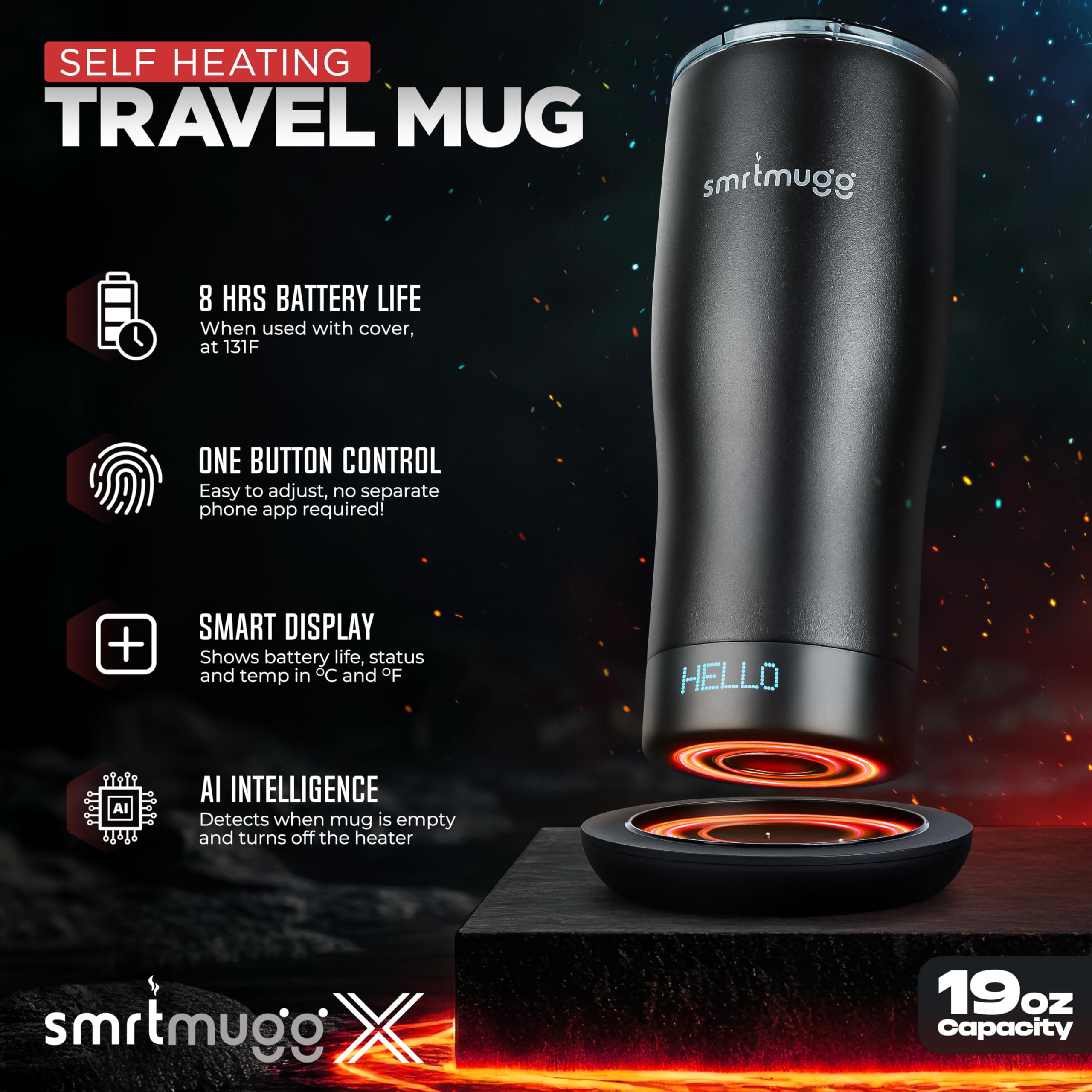 SMRTMUGG X Taza de café con calefacción de 19 onzas, batería de 8 horas, autocalentamiento, control de temperatura ajustable, pantalla LCD, ajuste de temperatura con un botón, incluye cubierta con