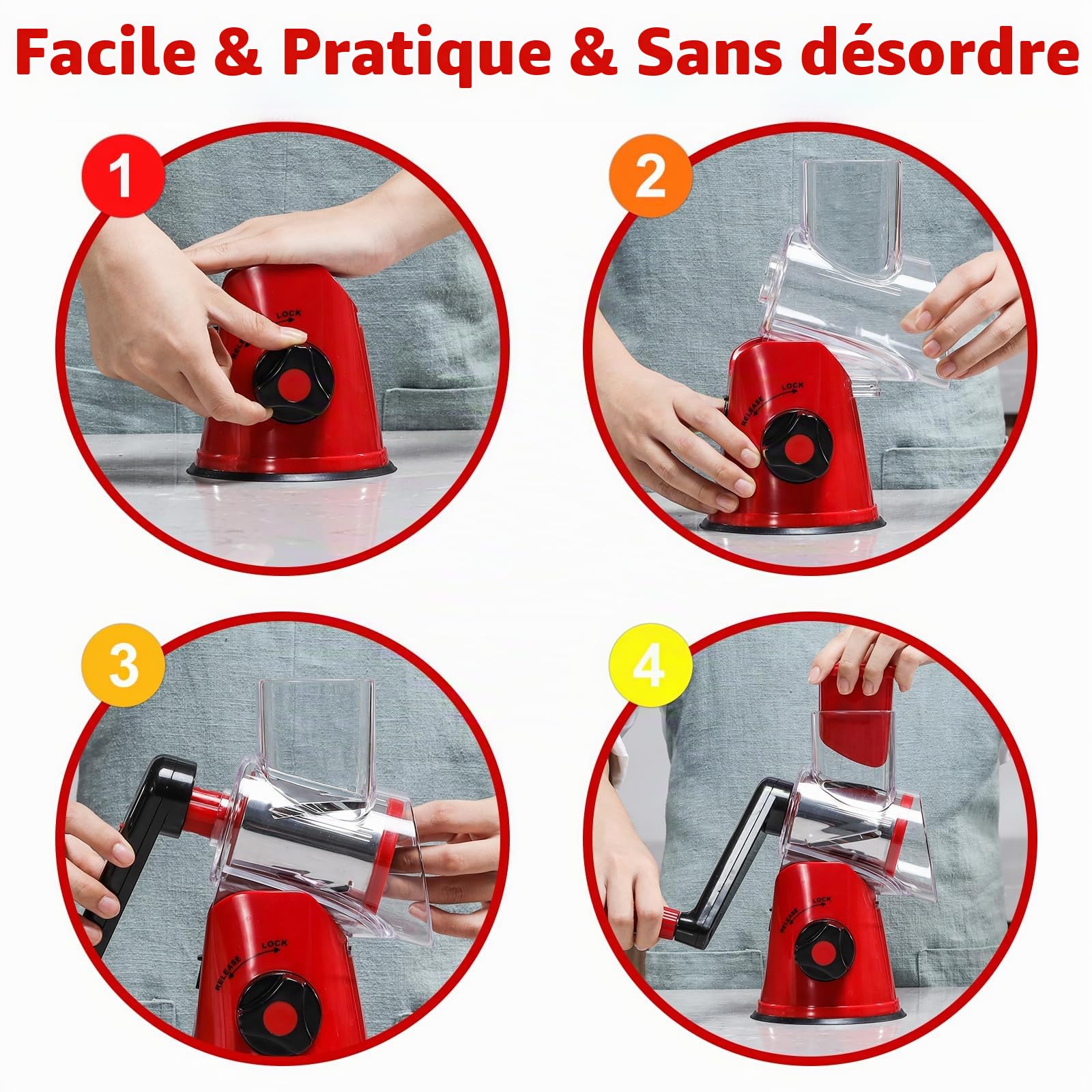GDL Râpe à Fromage Rotative, Rapeuse Legume Fromage Manuelle, 3 Lames | Facile à Utiliser et Nettoyer, Acier inoxydable 430, Rapide et Facile, Lave-vaisselle, Adaptée aux Fromage, Légumes