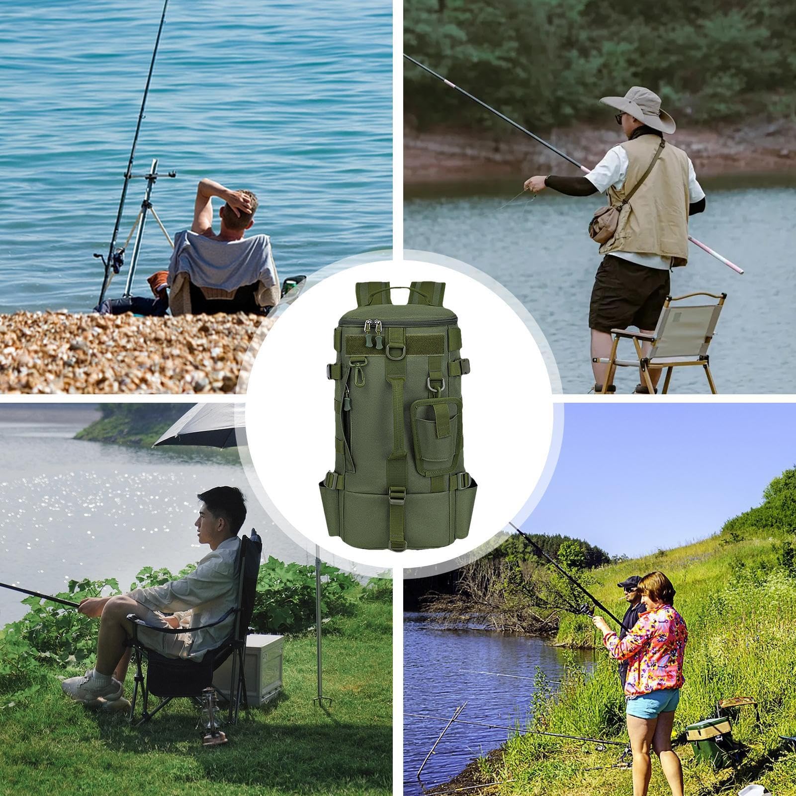 Zaino per attrezzatura da pesca, borsa da pesca all'aperto con supporti | per canne, borsa da viaggio, pesca, grande spazio per campeggio ed escursionismo, Verde militare, Refer to description, Unise