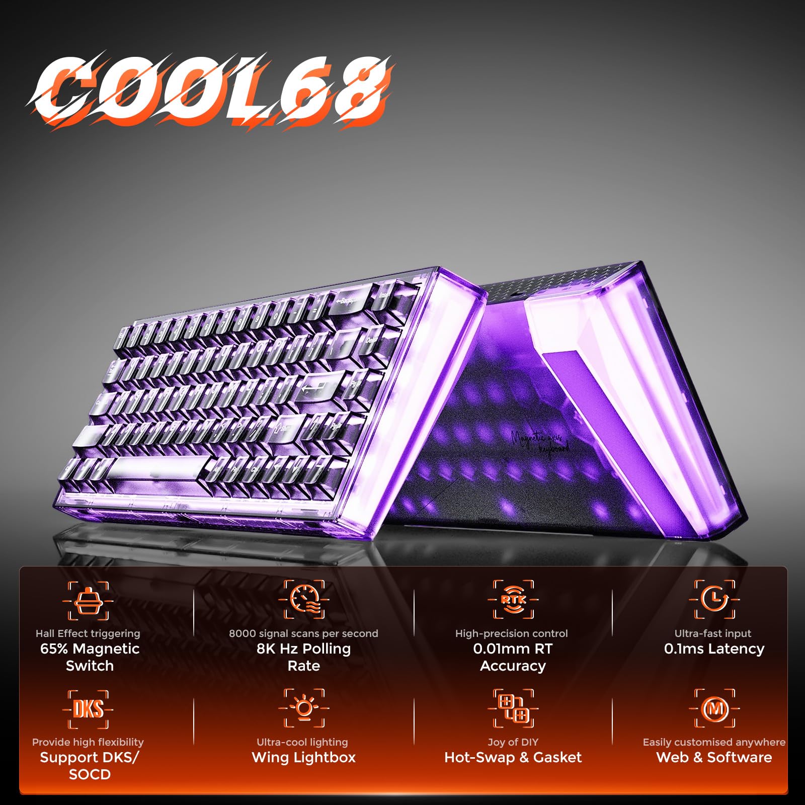 DAREU COOL68 Teclado Gaming con Disparador rápido de 8000 Hz, precisión RT de 0,01 mm, Teclado mecánico magnético con Cable al 65% con interruptores de Efecto Hall, 20 Modos RGB, para PC/Mac
