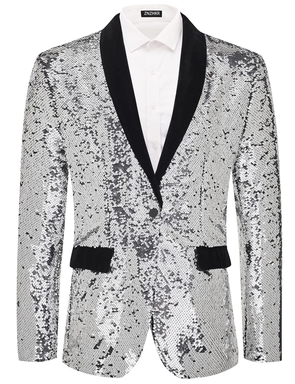 Men's 70s Disco Shiny Sequin Blazer Jacket for Weddings Prom & NightclubsSparkling Metallic Tuxedo Coat with Stretch Fabric