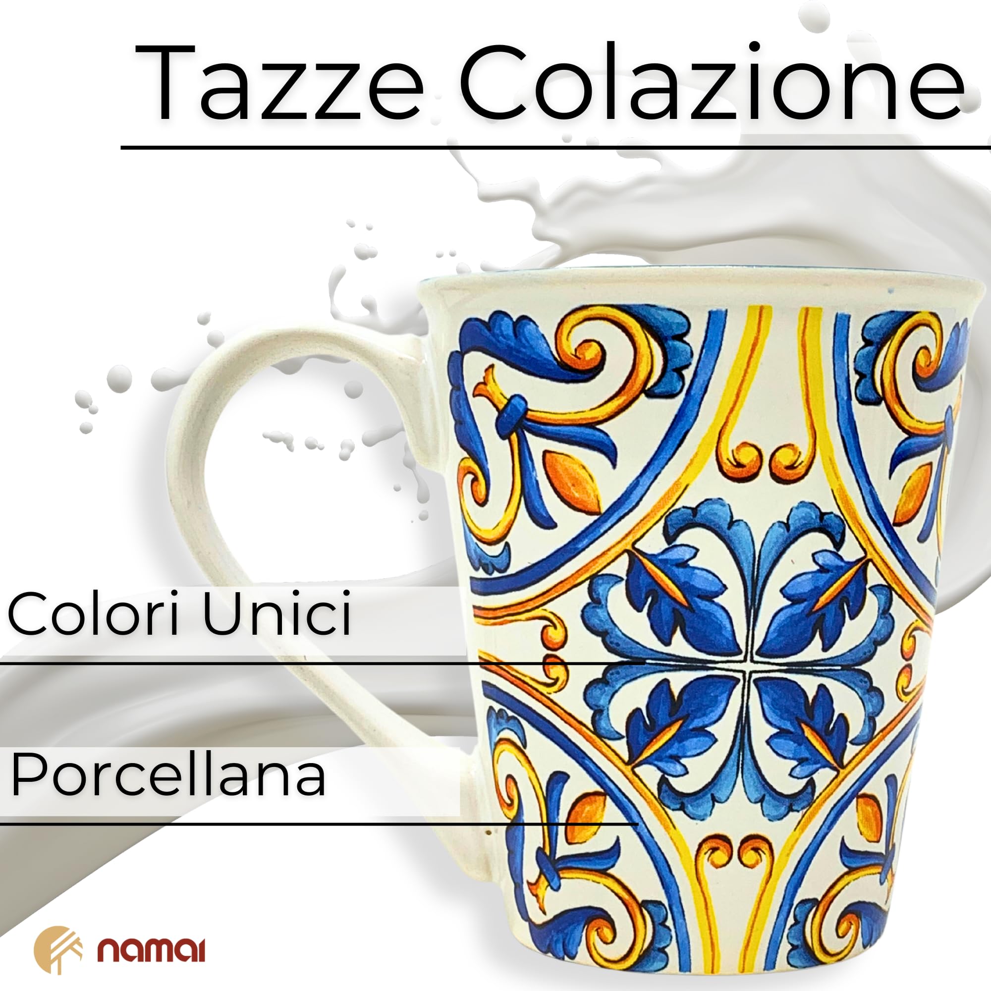 NAMAI Set 4 Tazze Colazione 300 ml Porcellana Lavastoviglie Microonde Design Unico Idea Regalo