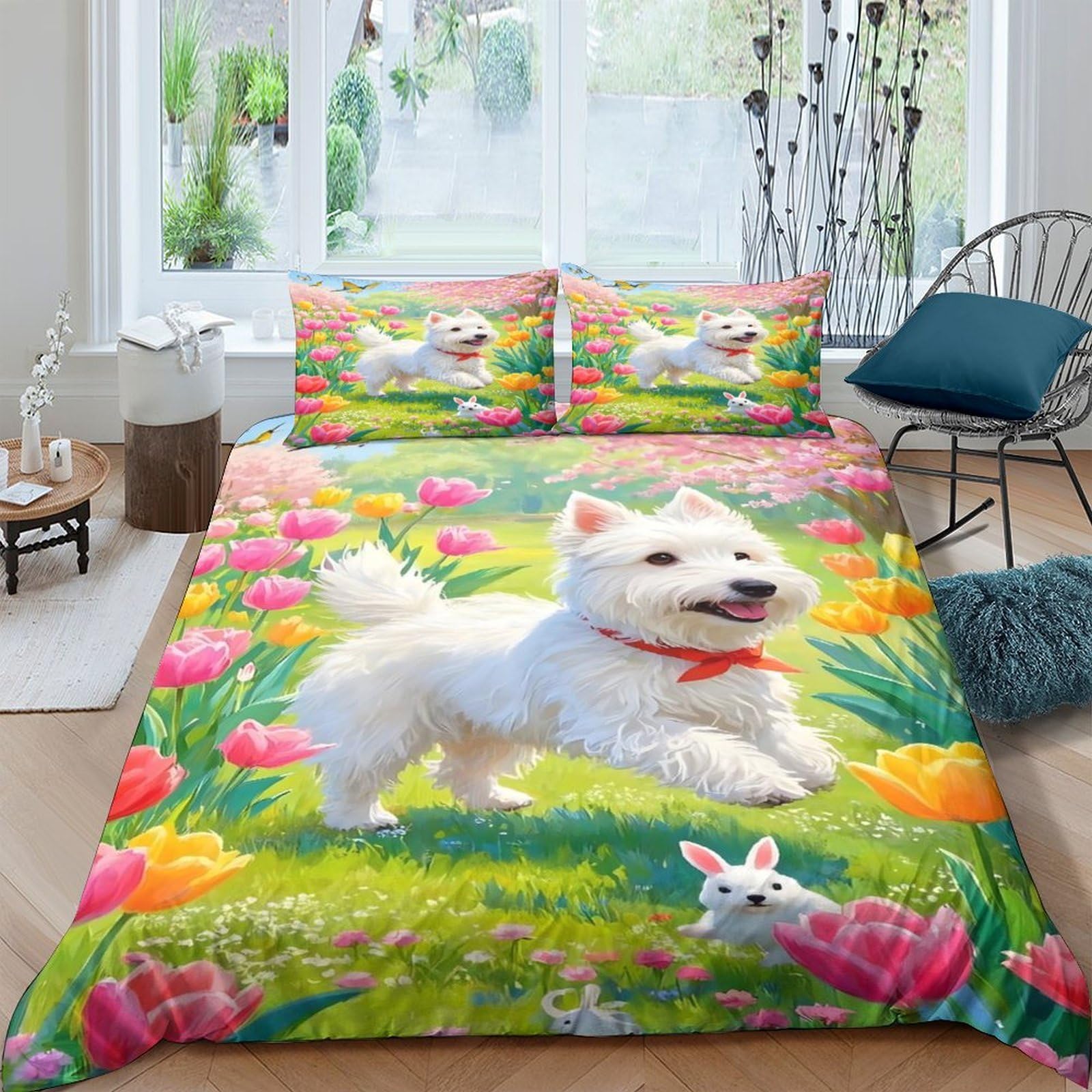 Ctjqhvkz Style-4 3D Printed White Westie Dog Fitted Sheet Microfiber Floral Meadow Bed Cover For Bedroom Guest Room Home Decor Single（135X200cm）
