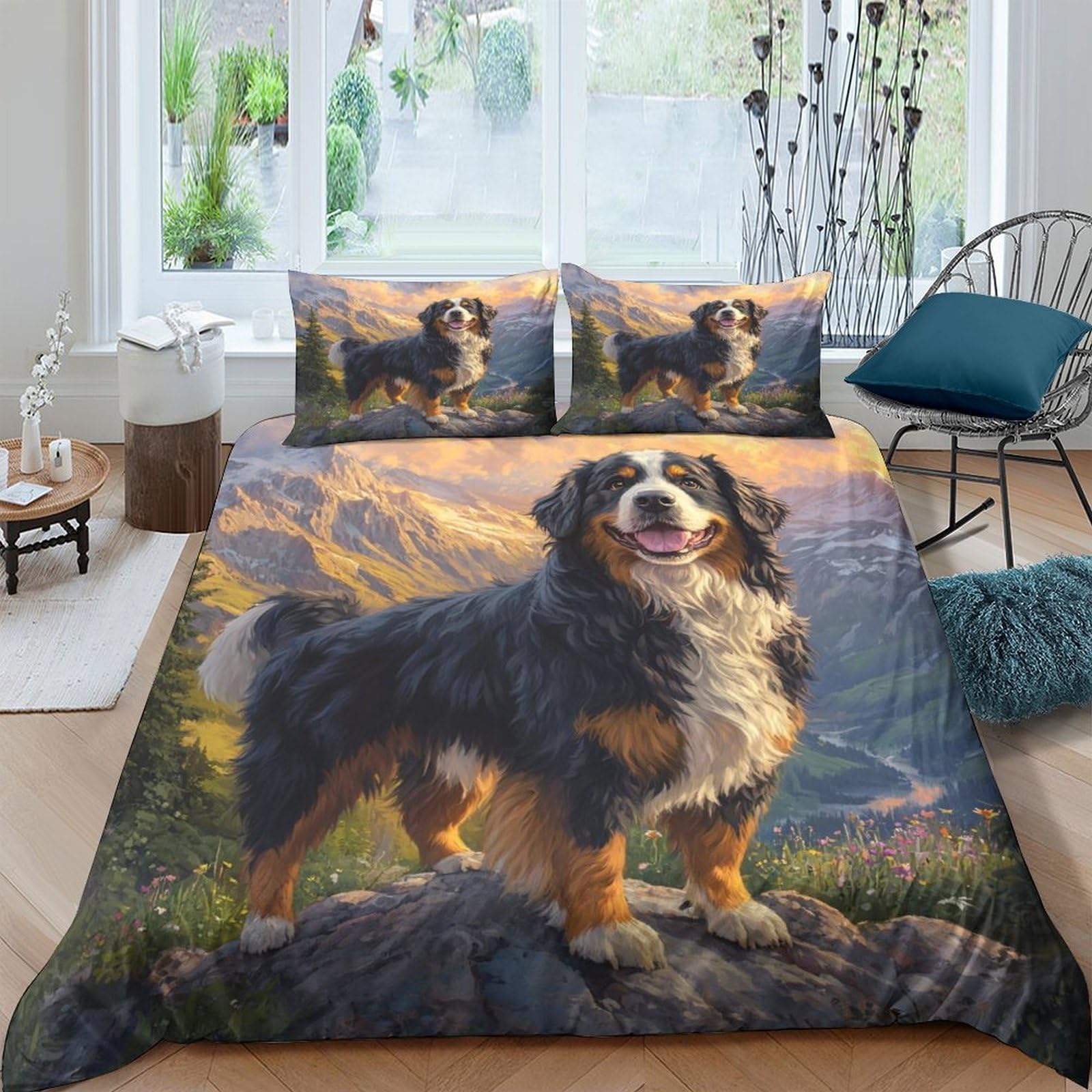 Ctjqhvkz Style-5 3D Printed Bernese Mountain Dog Fitted Sheet Microfiber Scenic Sunrise Bed Cover Anti-Slip Washable Bedroom Decor Single（135X200cm）