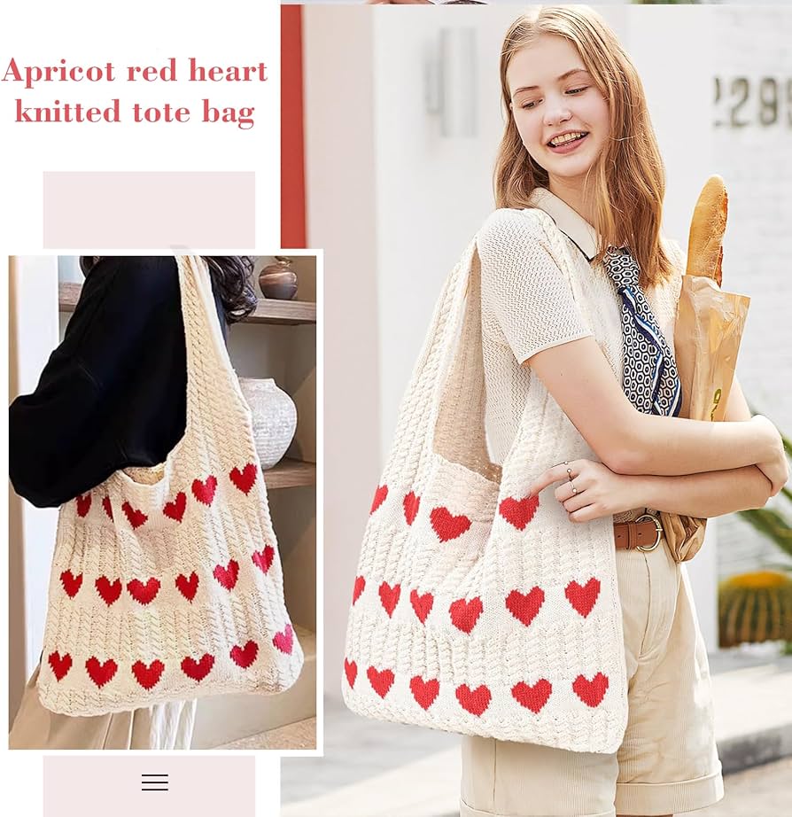 Borsa A Manico In Maglia A Forma Di Cuore 36x30 Cm - Fatte A Mano In Cache - Per Spiaggia, Lavoro, Shopping - 3