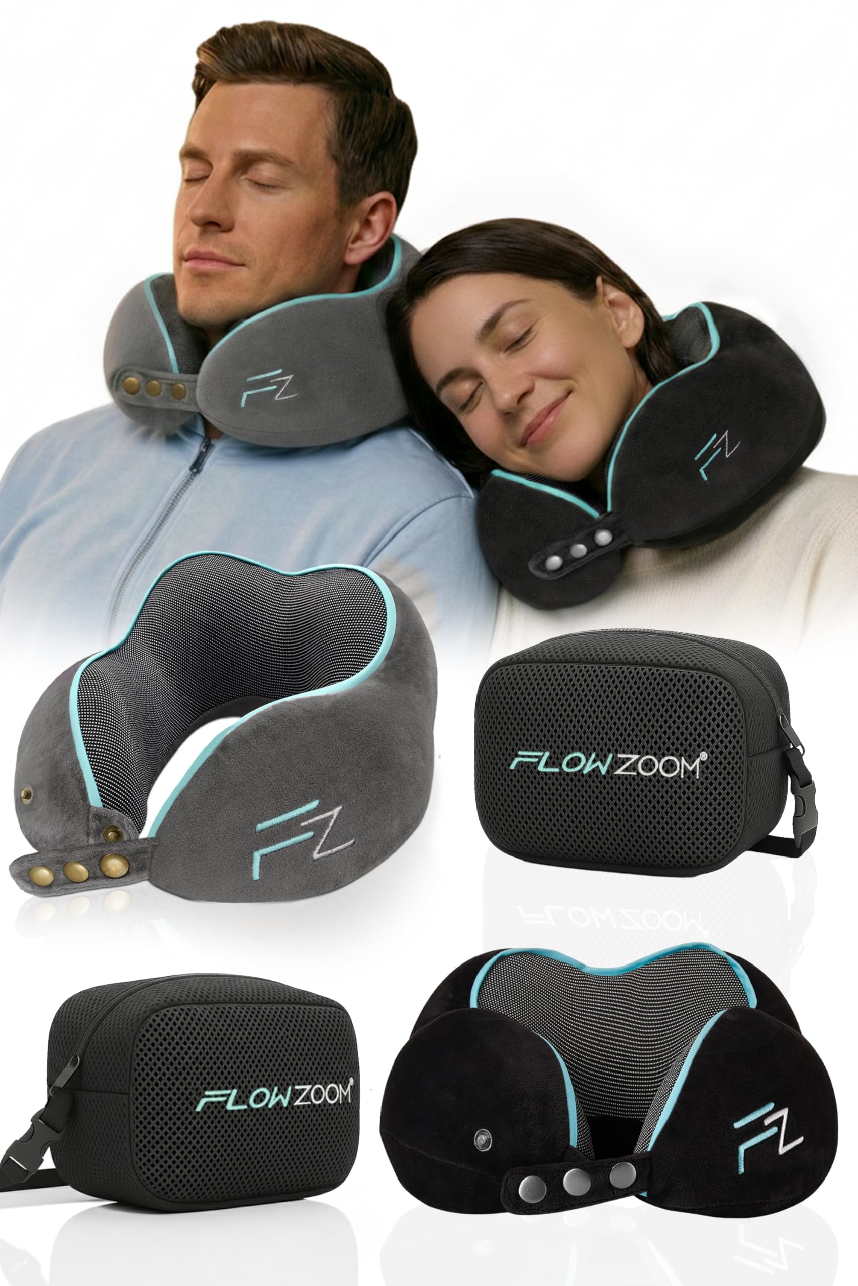 FLOWZOOM Cuscini da viaggio COMFY Duo “Per Lui e Per Lei”: Grigio e Nero