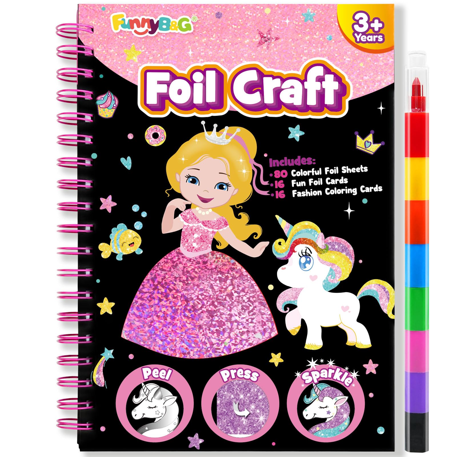 Foil Art Craft Activity for Kids: Fun DIY Toy Sticker Kit, No Mess Creative Travel Supply Set, Idea Birthday Easter Basket Stuffers Valentines Gift for Girl Boy Toddler 4 5 6 7 8 9 Year Old (Princess)