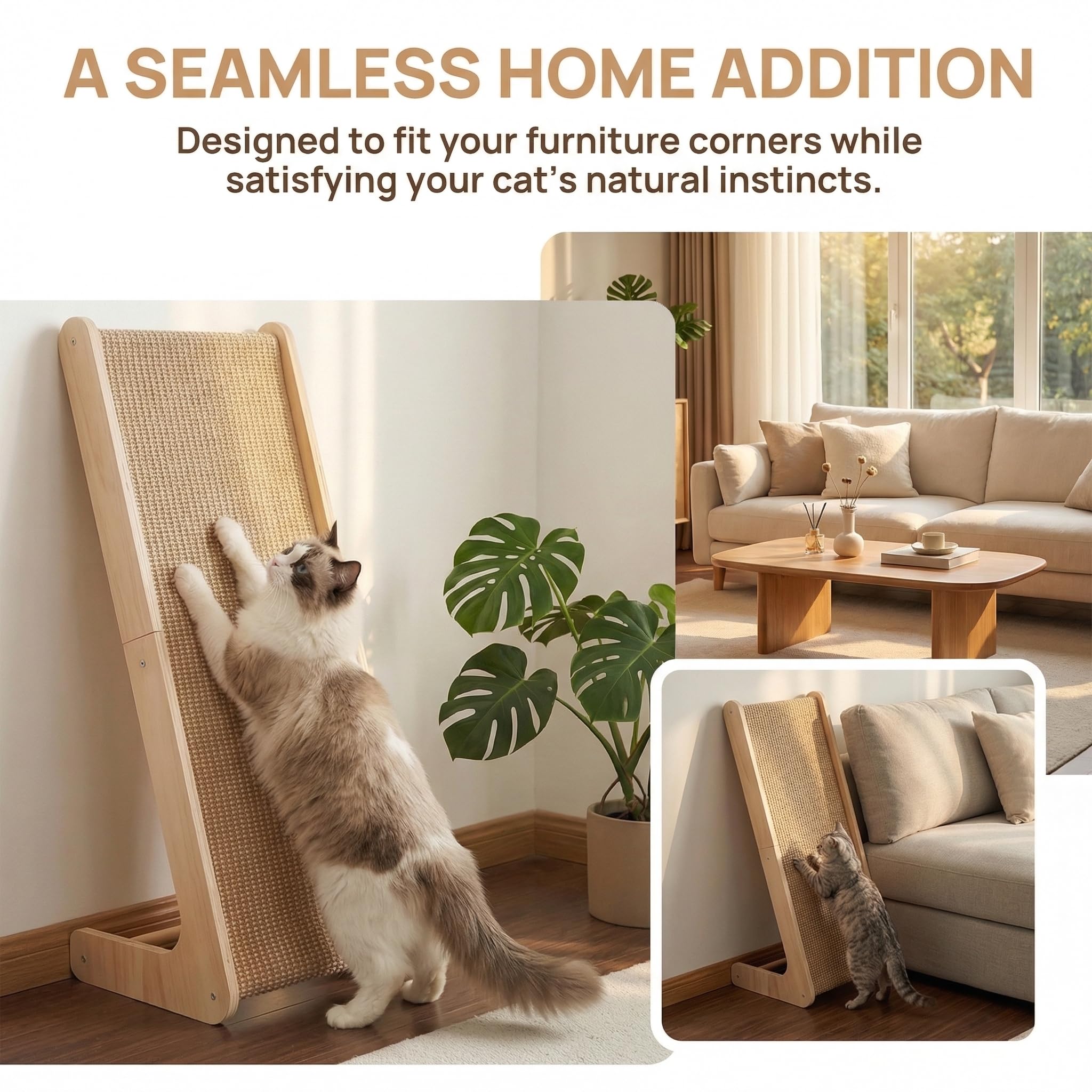 Rascador para Gatos, Rascador en Forma de L con Almohadilla de Sisal 69CM Columna Rascadora de Sisal Natural con Rampa con 1 Tapete de Sisal de Repuesto, Protector de Muebles de Pared