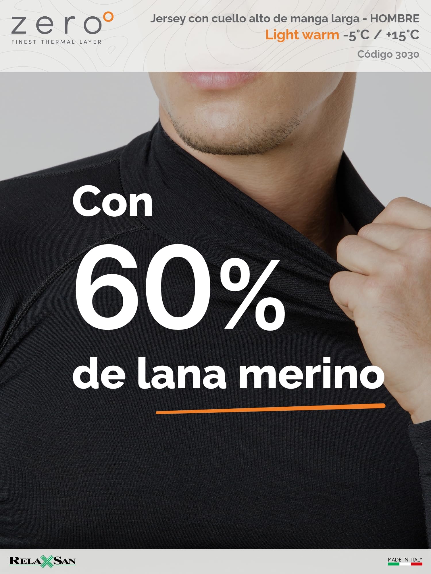 Relaxsan Zero 3030 - Camiseta Cuello Cisne Térmica Hombre Manga Larga Cuello Alto Cálida Suave Lana Merino