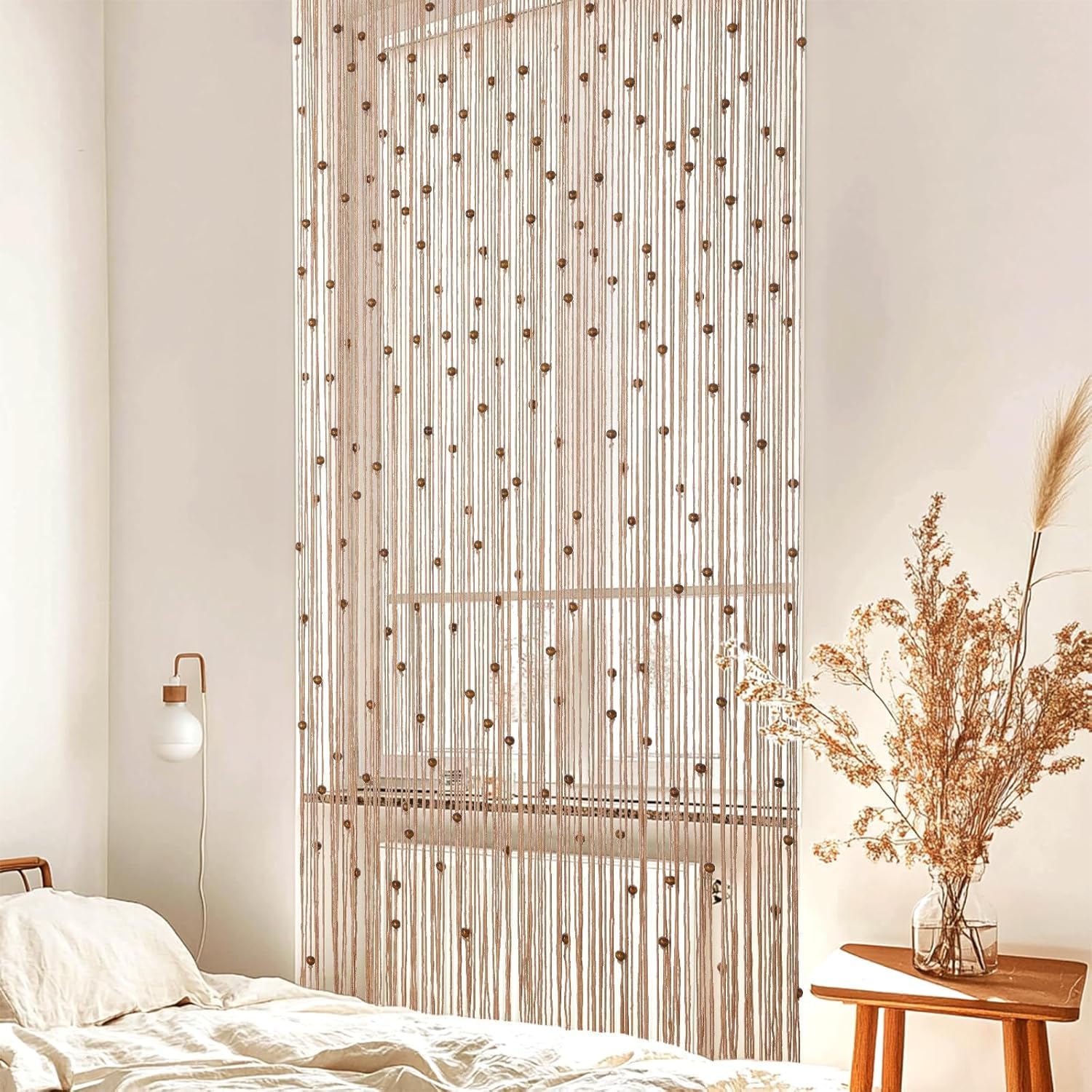 Rideau de perles bohème en macramé fait à la main avec perles en bois pour fenêtre, porte, armoire ouverte, chambre à coucher, salon, décoration d'intimité, 200,7 x 91,4 cm (L x l), marron