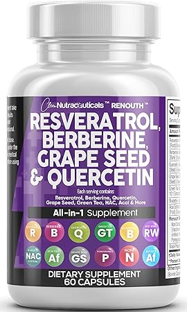 Clean Resveratrol Supplement | Berberine Grape Seed Extract Quercetin Green Tea Extract Acai Noni Polyphenol Supplement for Women & Men Anti Aging N-Acetyl Cysteine NAD Booster