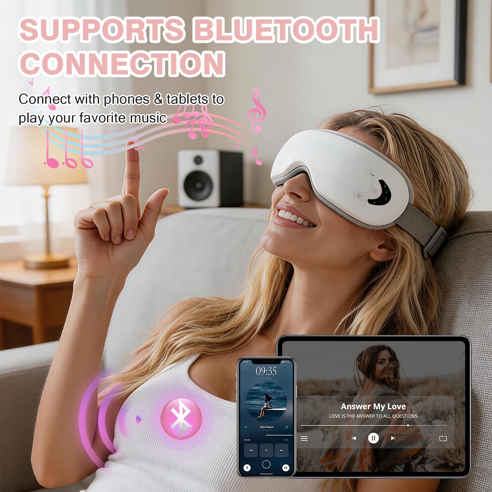 Masseur oculaire chauffant, compression air Bluetooth 5 modes | Vibration douce, pliable transportable, compresse chaude 38-42°C, masque yeux relaxant anti-fatigue