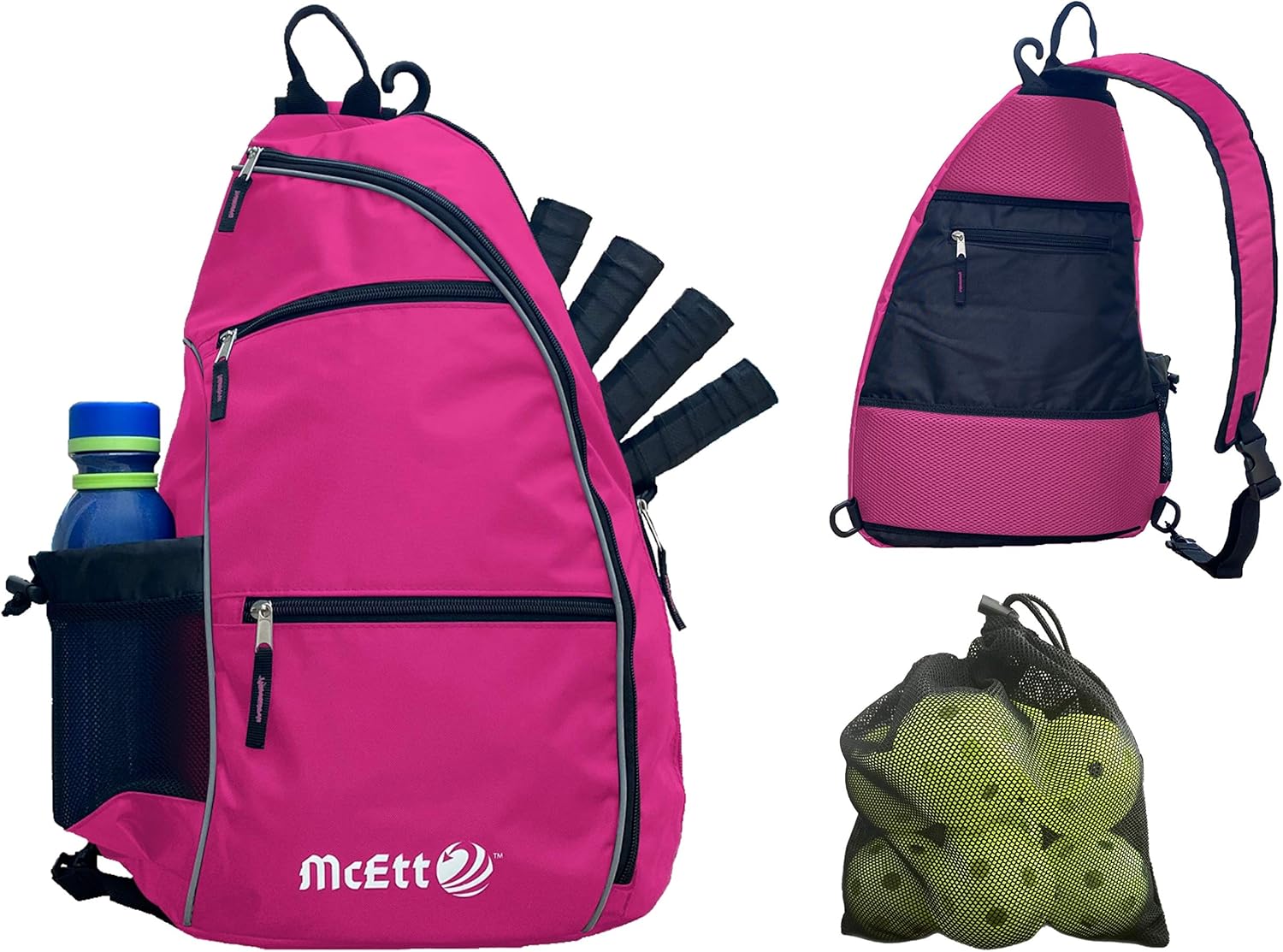 Pickleball Sling Bag – Adjustable Crossbody Backpack for Women Men – Holds Pickleballs, Paddles, Water Bottle, Gear Pink