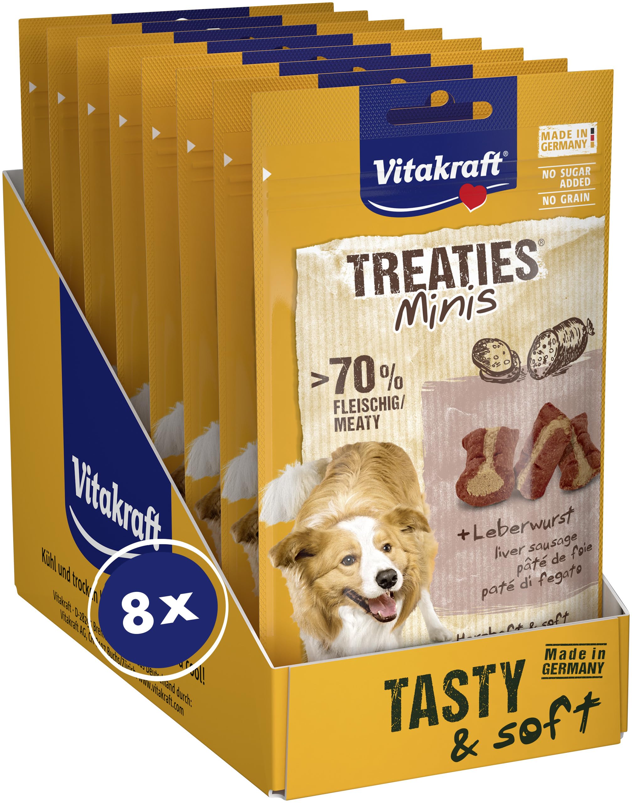 Vitakraft Treaties Minis, Hundeleckerli, weicher Hundesnack gefüllt mit Leberwurst, Hunde Trainingsleckerli, ohne Zusatz von Zucker (8X 48g)