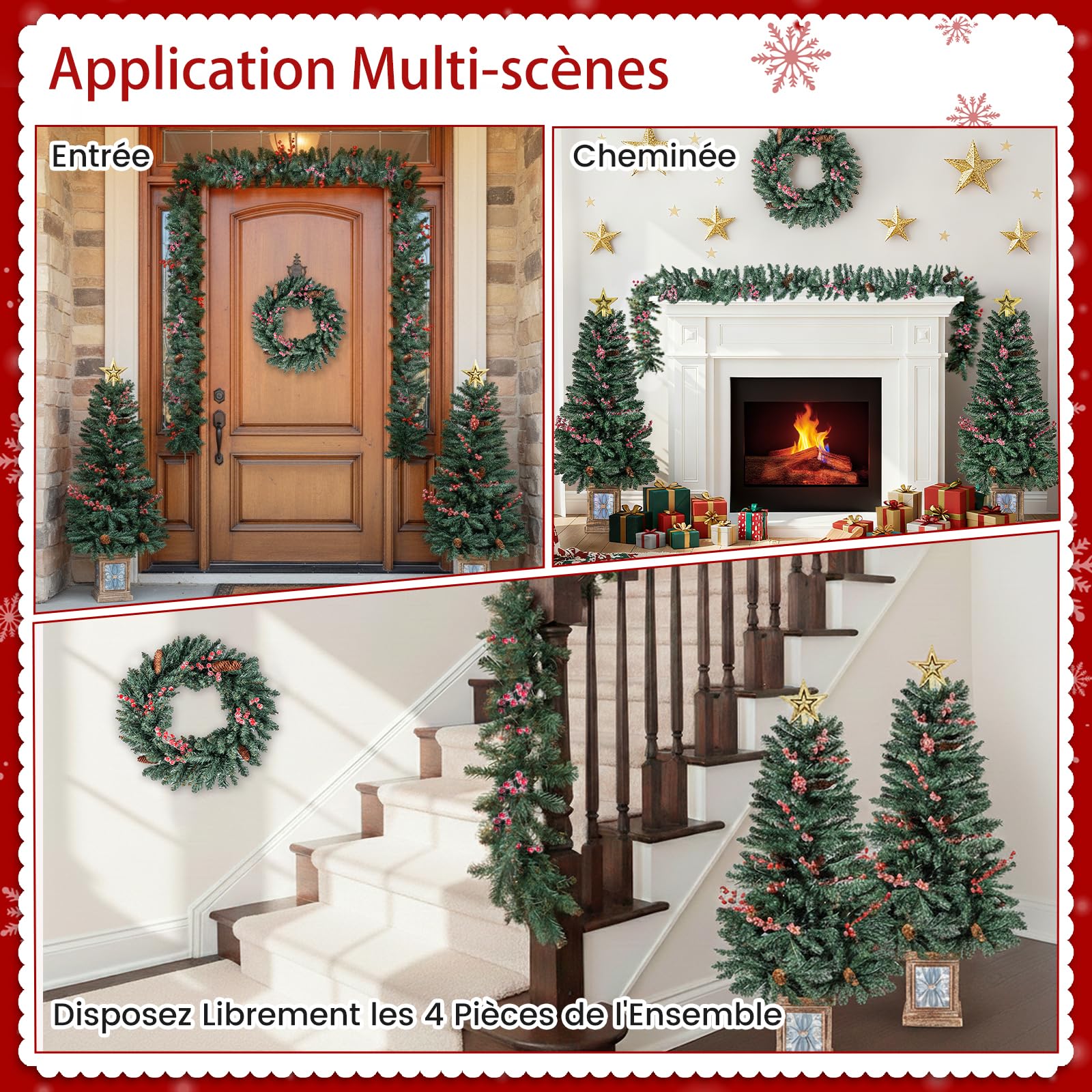 COSTWAY Lot de 2 Sapin de Noël en Pot, 1 Guirlande, 1 Couronne, Pommes de Pin, Baies Rouges Givrée, Étoile de Cime, Décoration Saisonnière pour Cheminée, Porche