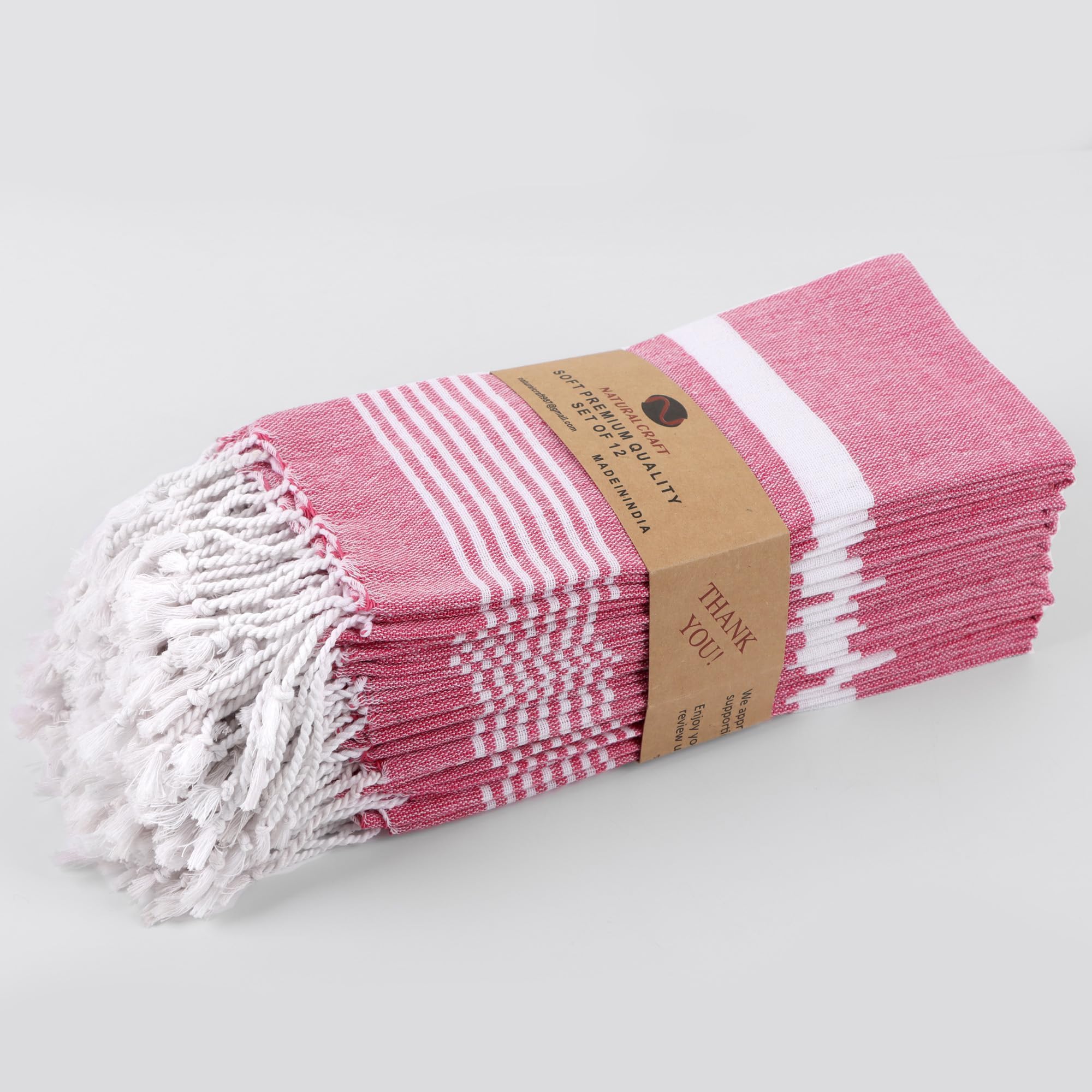 Cloth Napkins Set 12 Turkish Cotton Original, Decorative Boho Table Napkins for Dining Table Versatile Farmhouse Cloth Napkin for Dinner, Wedding and Parties (Fuchsia with White Stripe, Pack of 12)