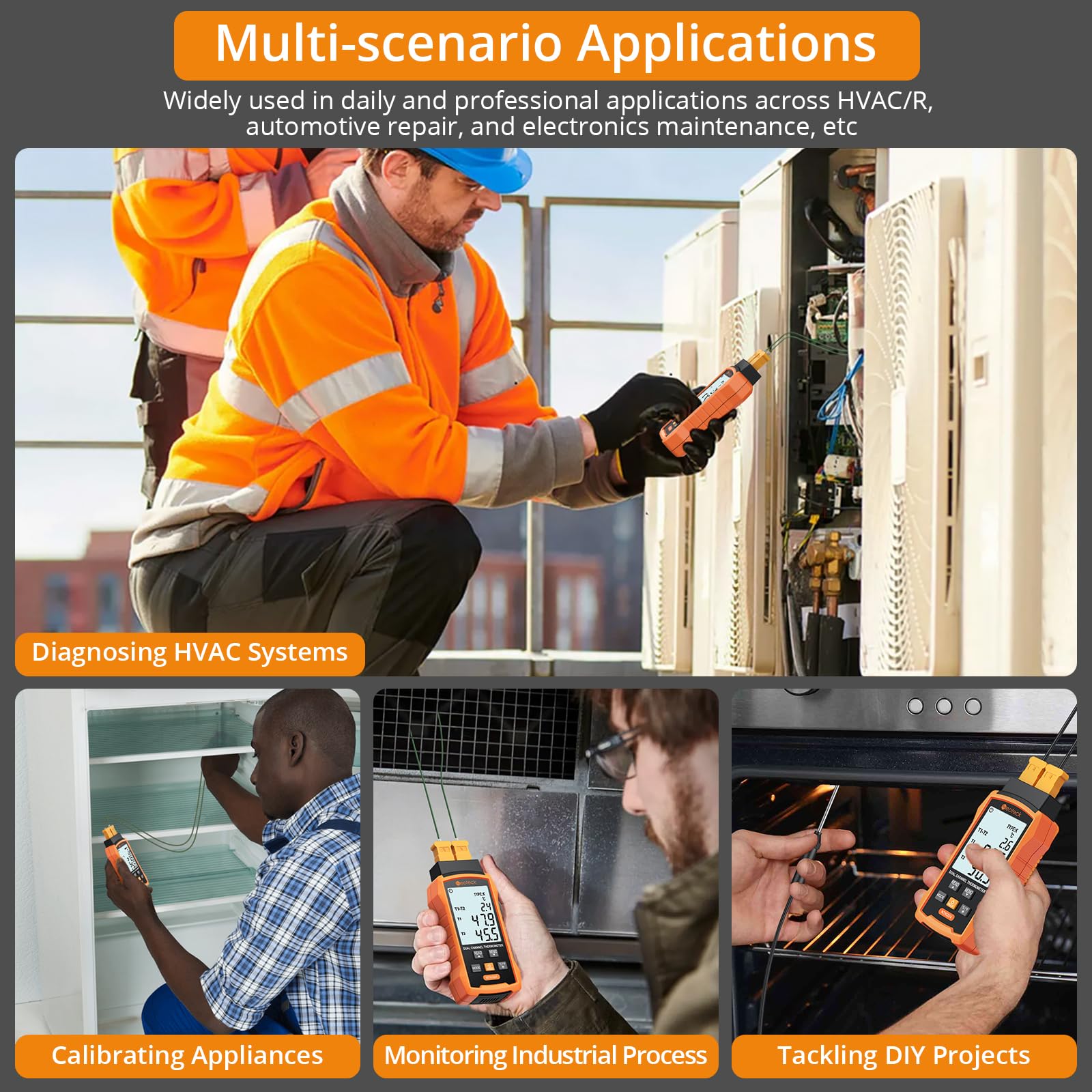 Neoteck Termómetro Termopar Tipo K/J 2 Canales con 4 Termopares °C/°F Almacenamiento 99 Datos HVAC Industrial