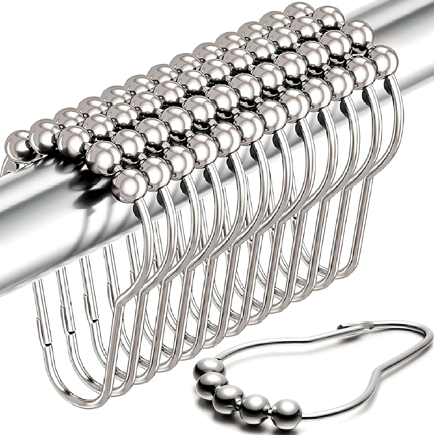 Bathroom Curtain Hooks, 12 Pieces Shower Curtain Rings, Stainless Metal, Easy to Install, Ball Design for Smooth Drag, Suitable for Shower Curtains and Curtains (Silver)