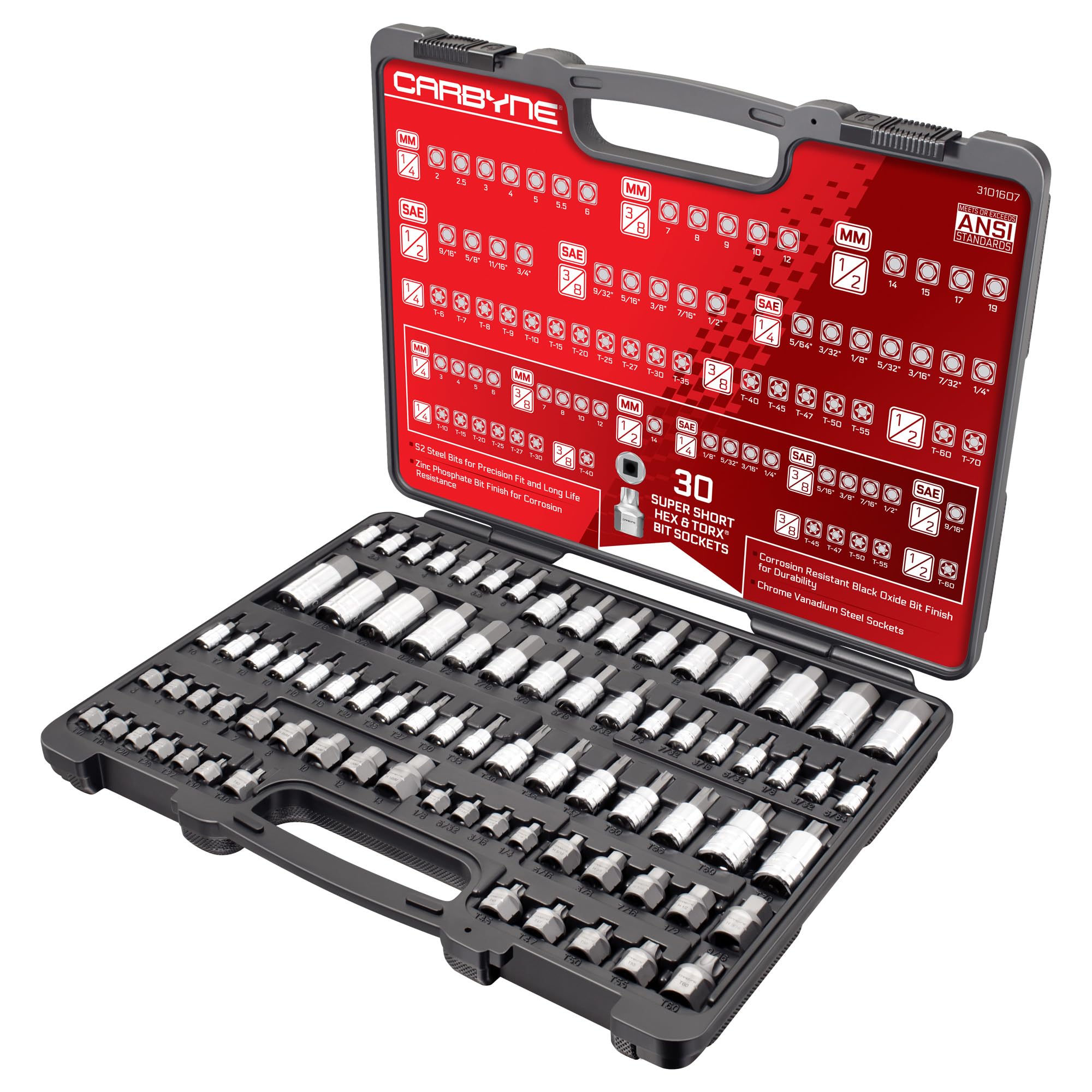 Carbyne 80-Piece Torx, SAE Hex (Allen) & Metric Hex (Allen) Bit Socket Set with 30 Super Short Bit Sockets, Cr-V Steel Sockets, S2 Steel Bits, Durable