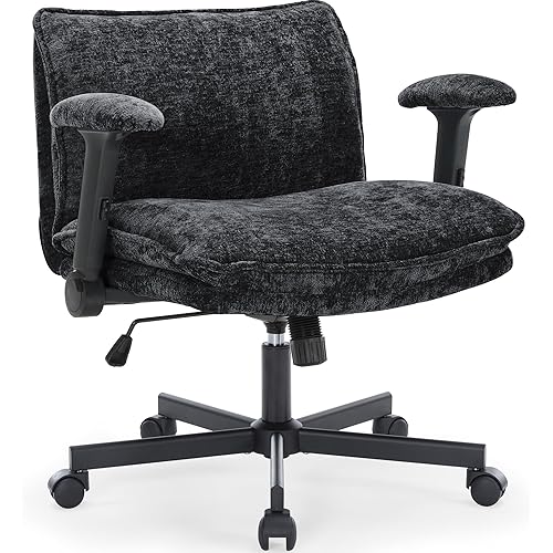 Cross Legged Office Chair with Wheels and Adjustable Flip-Arms, Criss Cross Desk Chair with Thick Cushion, Wide Seat Office Chair for Home Office, Apartment, Bedroom, Black