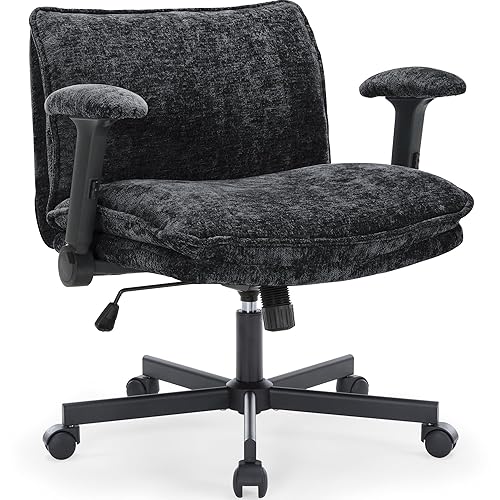 FanciSpot Cross Legged Office Chair with Wheels and Adjustable Flip-Arms, Criss Cross Desk Chair with Thick Cushion, Wide Seat Office Chair for Home Office, Apartment, Bedroom, Black - Black