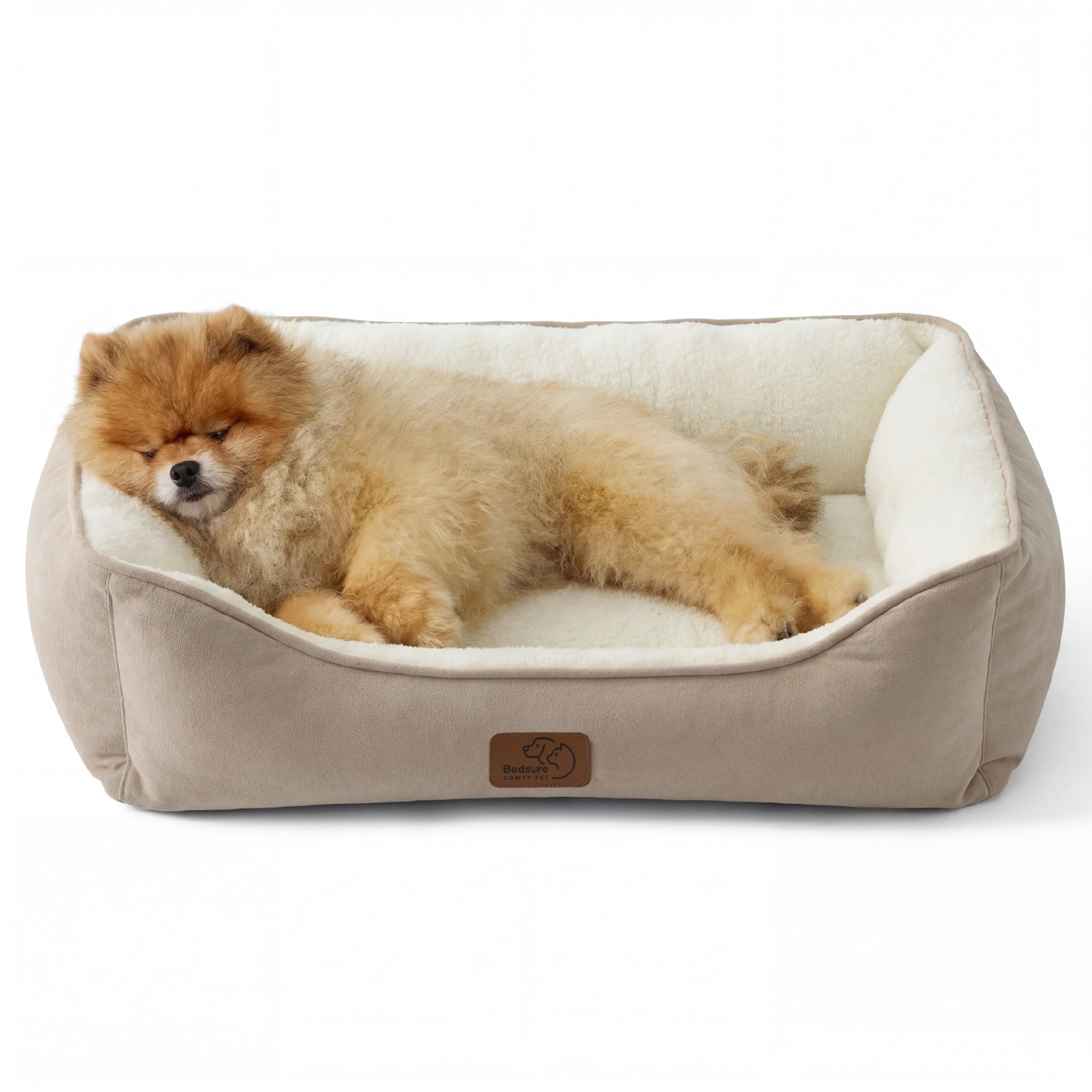 Bedsure Dog Bed Medium Washable - Rectangle Small Dog Bed with Anti-Slip Bottom, Anti-Anxiety Pet Basket for Puppy and Large Cat, 63.5x53 cm, Camel