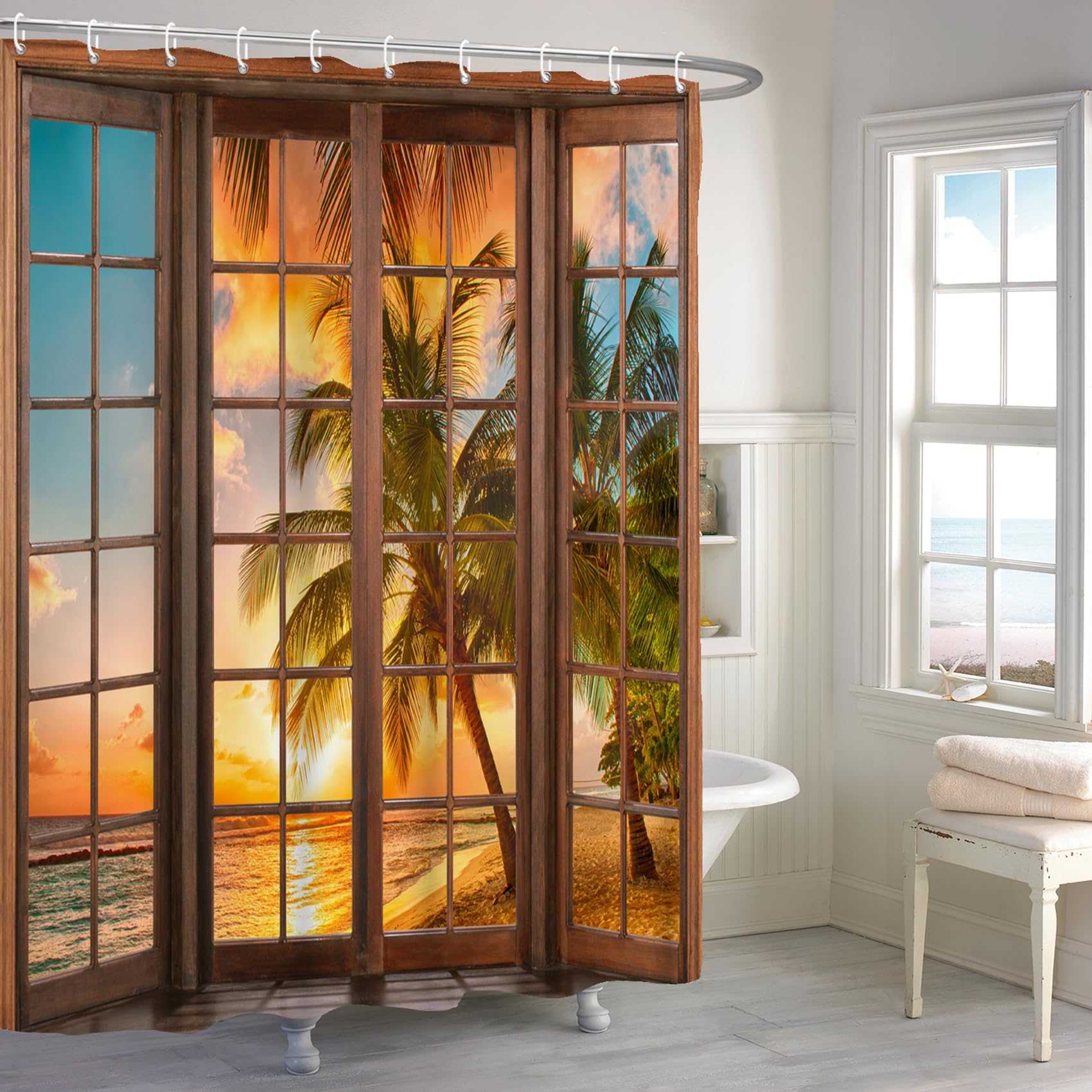 Renaiss 72x72 Inches Sunset Beach Shower Curtain Tropical Hawaii Palm Tree Ocean Wave Wooden Windows Natural Scenery Shower Curtains for Bathroom