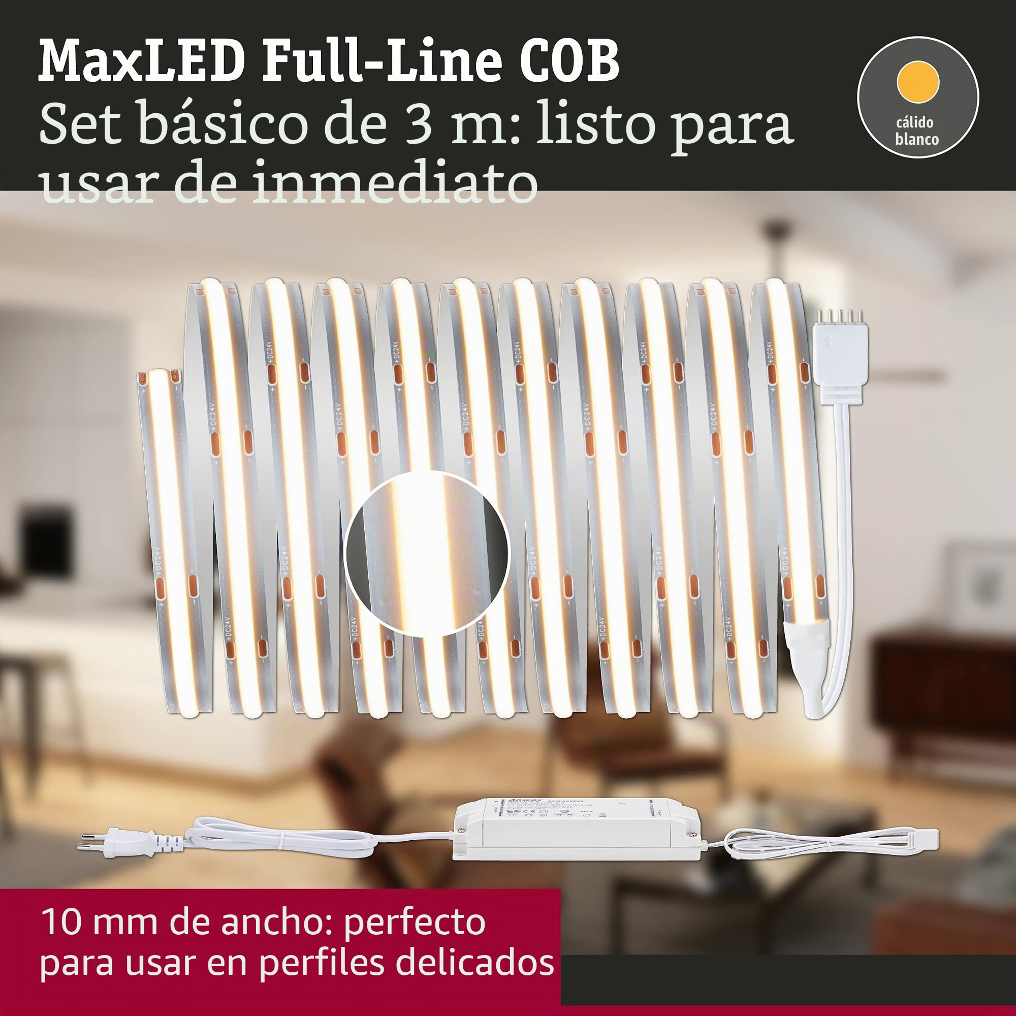 Paulmann 71049 MaxLED 1000 Strip LED Full-Line COB juego completo 3m 36W 3240lm 528LED/m 2700K 50VA regulable, plateado, plástico