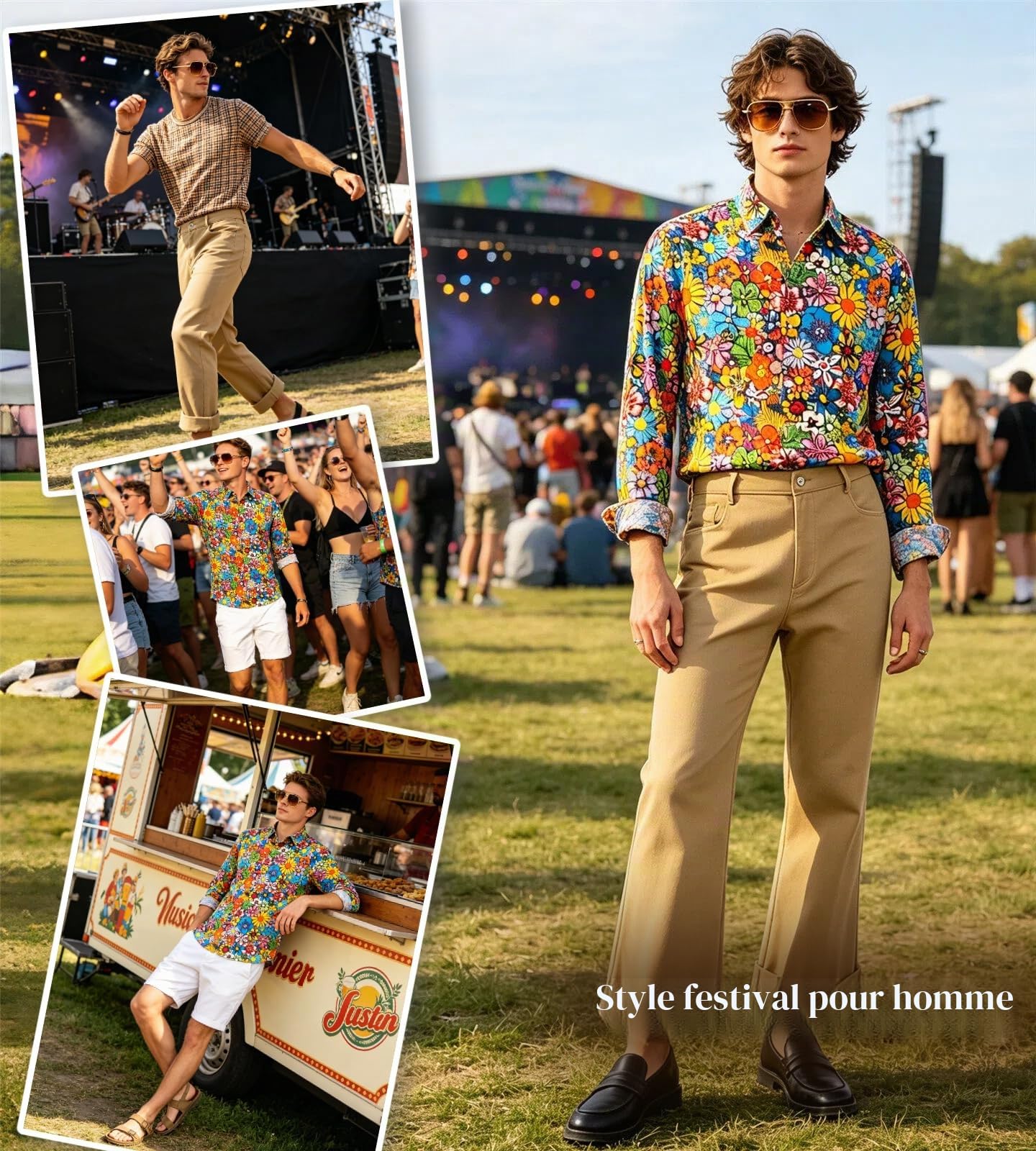 Ensemble de costume disco des années 70 - Hippie - Pour homme - Avec pantalon évasé - Chemise - Pour carnaval des années 50, 60, 70, cosplay, Halloween