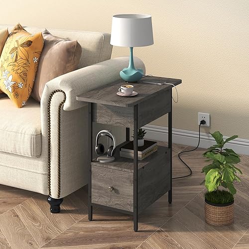 Miniatura 2 de SOOWERY Mesa auxiliar con estación de carga, mesa auxiliar estrecha con armario abatible y cajón de tela, mesitas de noche para espacios pequeños,