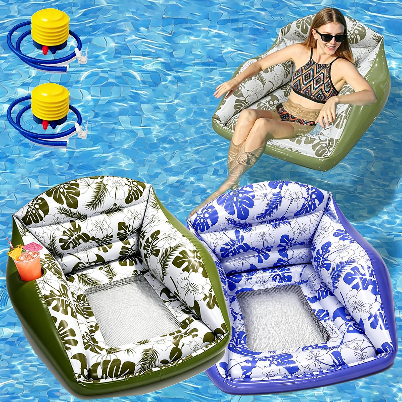 U-Shaped Water Inflatable Pool Float, 3-In-1 Lounge Chair Pool Float with Cooling Mesh Seat, Adult Floating Ergonomic Lounger for Outdoor Holiday Beach Travel Party Lake River (2PCS-A)