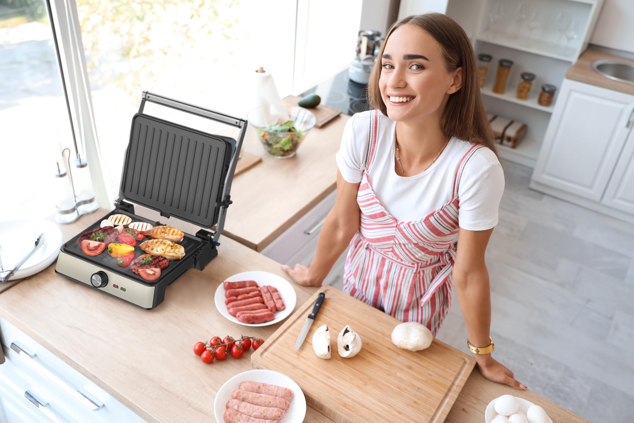Westinghouse Parrilla Retro Contact Grill - 29 x 24 cm - 180° para asar a doble cara - 2200W - Tostadora - Control de temperatura ajustable - Parrilla Panini - Hierro Tostado - Blanco