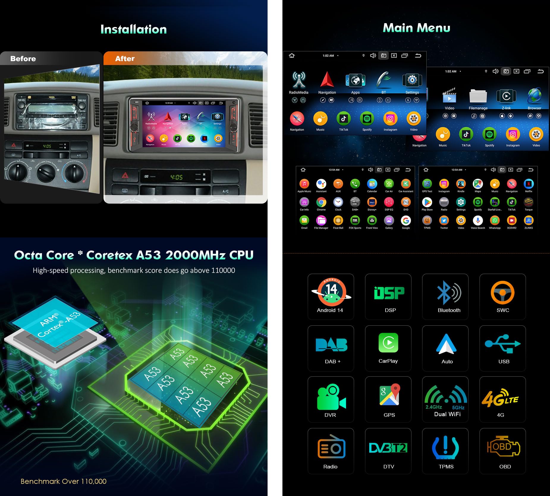 Android 14 8-Core 4GB+64GB Autoradio 2 Din GPS Navigatore per Toyota Corolla RAV4 Hilux Vios Prado Supporta Bluetooth 5.0 Wireless CarPlay Android Auto WiFi 4G DSP RDS Canbus IPS Schermo Tattile
