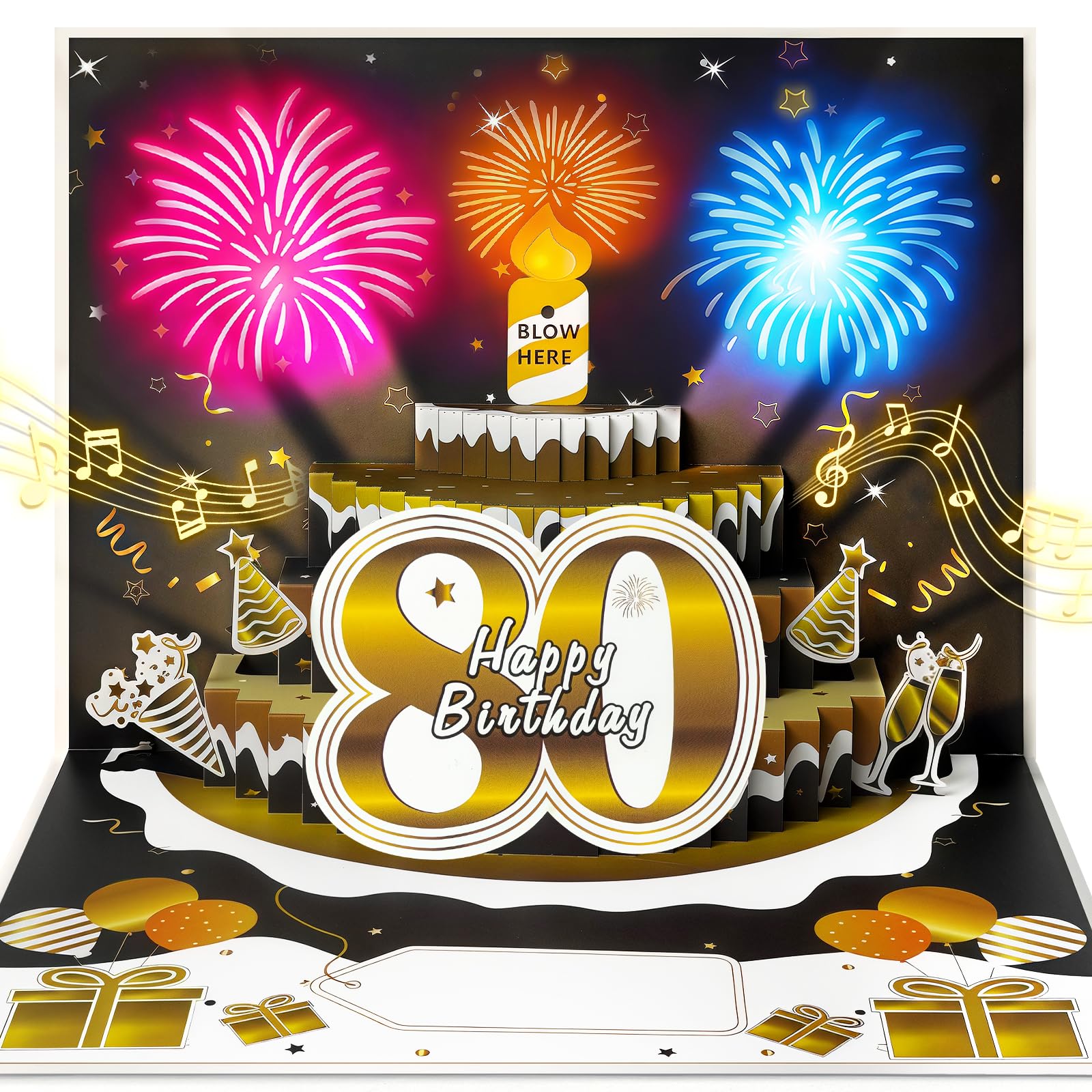 YianHien 80th Birthday Card for Men, Musical Birthday Card with Blowable Candle & Light Up Fireworks, 3D Pop Up Singing Birthday Card Decorations, 80th Birthday Gifts for Men