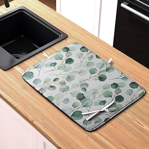 Vista 103 de Tapete de secado de platos con hojas de palma tropicales para encimera de cocina, 18 x 24 pulgadas, tapete de secado de cocina Monstera verde
