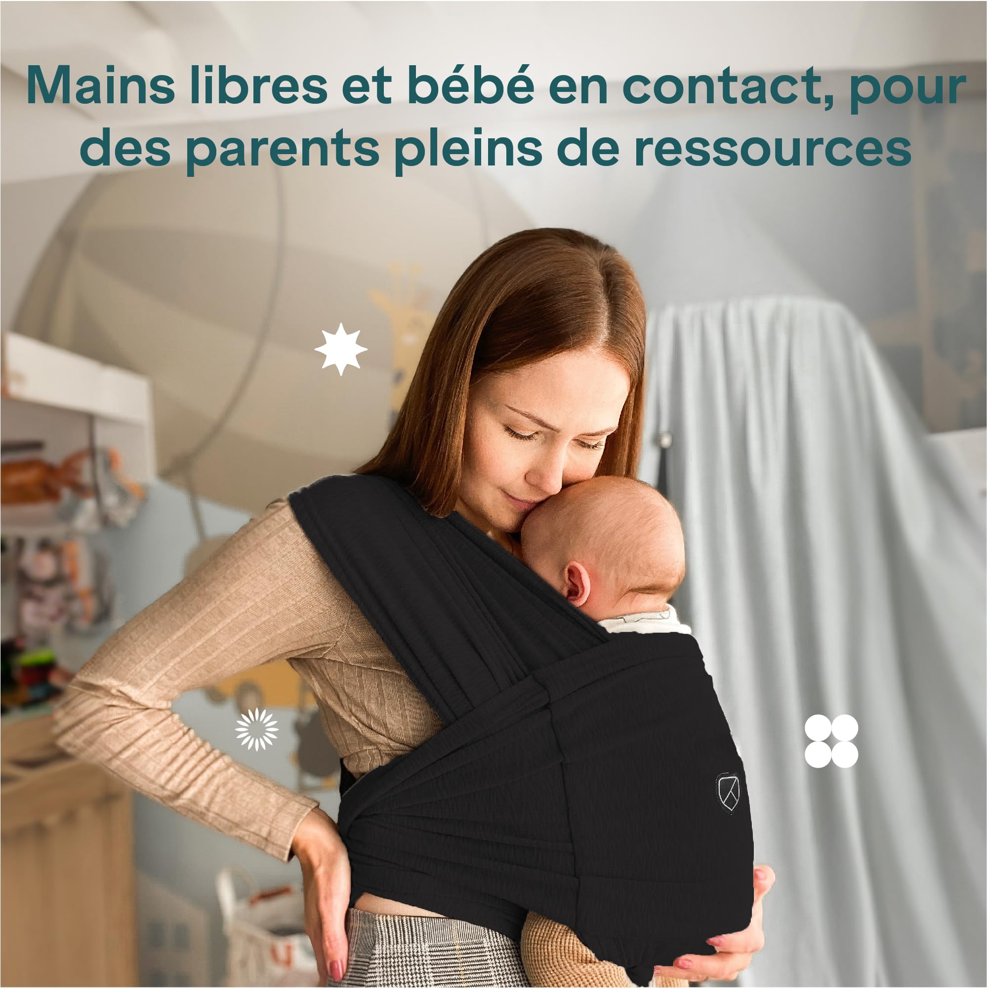 Koala Babycare Une écharpe de portage facile à enfiler, réglable, unisex - Porte-bébé multifonctionnel pour jusqu’à 9 kg - Noir - Design Enregistré KBC®