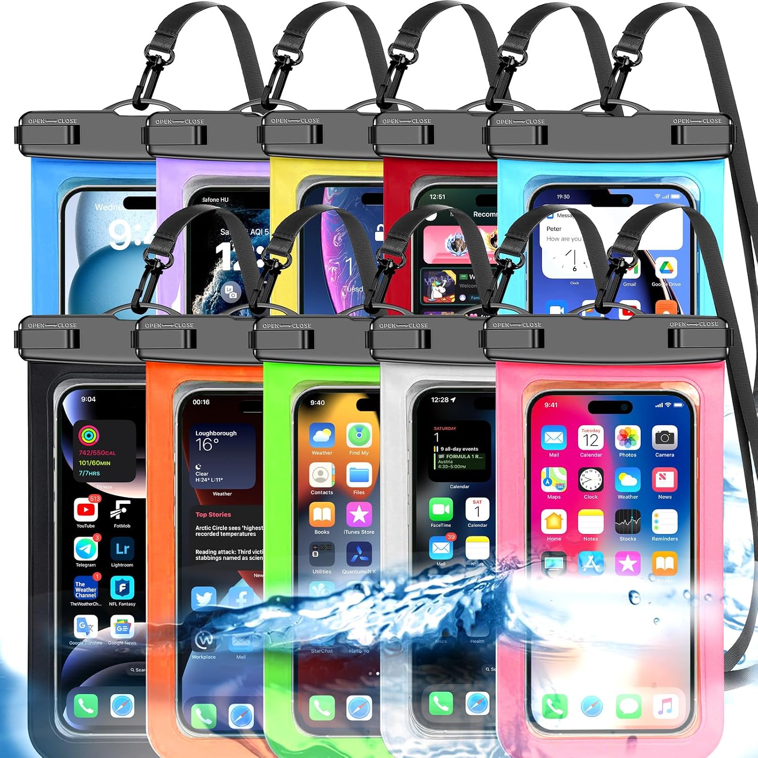  10 Pack Multicolor Waterproof Phone Pouch,Cell Phone Waterproof Case Dry Bag,Protection Level: IP68,Beach Cruise for iPhone,Samsung,and More,Lanyard Included,(Fits Up to 8.3"),Multicolor 10Pack