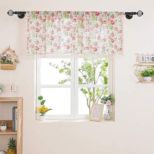 Cenefa de mezcla de lino floral para ventana de 20 pulgadas de largo, cenefas de cortina de cocina con borlas, rosa rosa, retro, elegante, cortinas