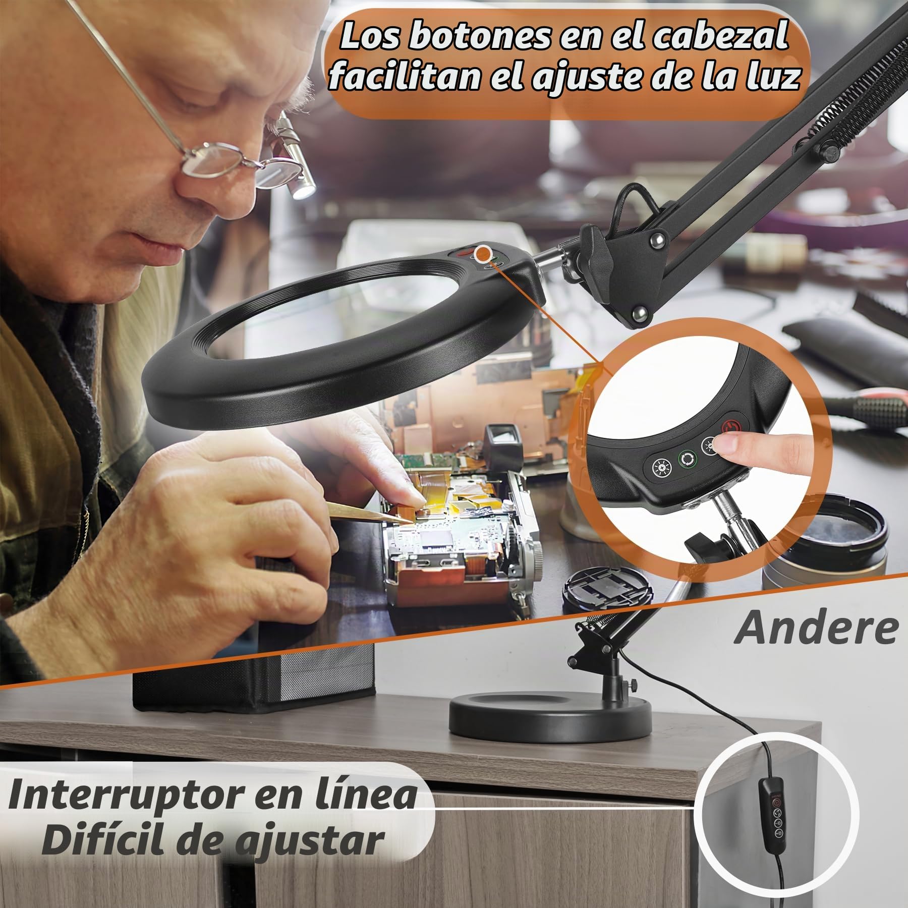 Veemagni 12X Lupa con Luz, 5 Modos de Color Regulable sin Escalonamientos, 2 en 1 Lámpara de Aumento y Pinza, Lupa con Luz LED y Soporte, Lámpara de Escritorio para Lectura Reparación Trabajo Manual