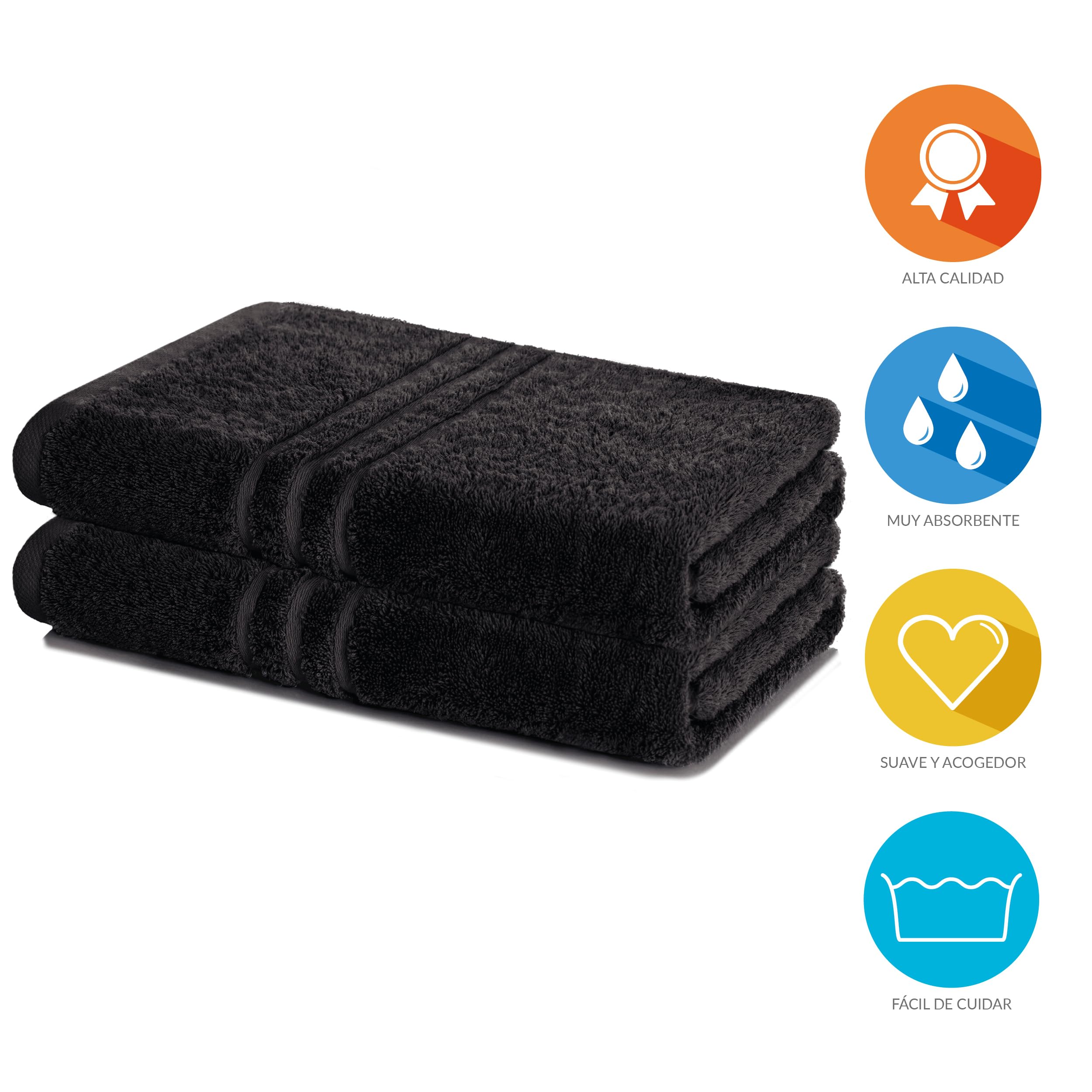 Lavea® Juego de 2 Toallas de Baño 100x150 cm – Algodón 100% Suave y Absorbente – Gran Toalla de Ducha – Secado Rápido, Duradera y Certificada Oeko-Tex - Negro