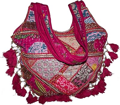 Tribe Azure Women Medium Shoulder Bag Tote Colorful Roomy Casual Boho Purse Travel Beach Top Handle Tassel Bright (PINK)